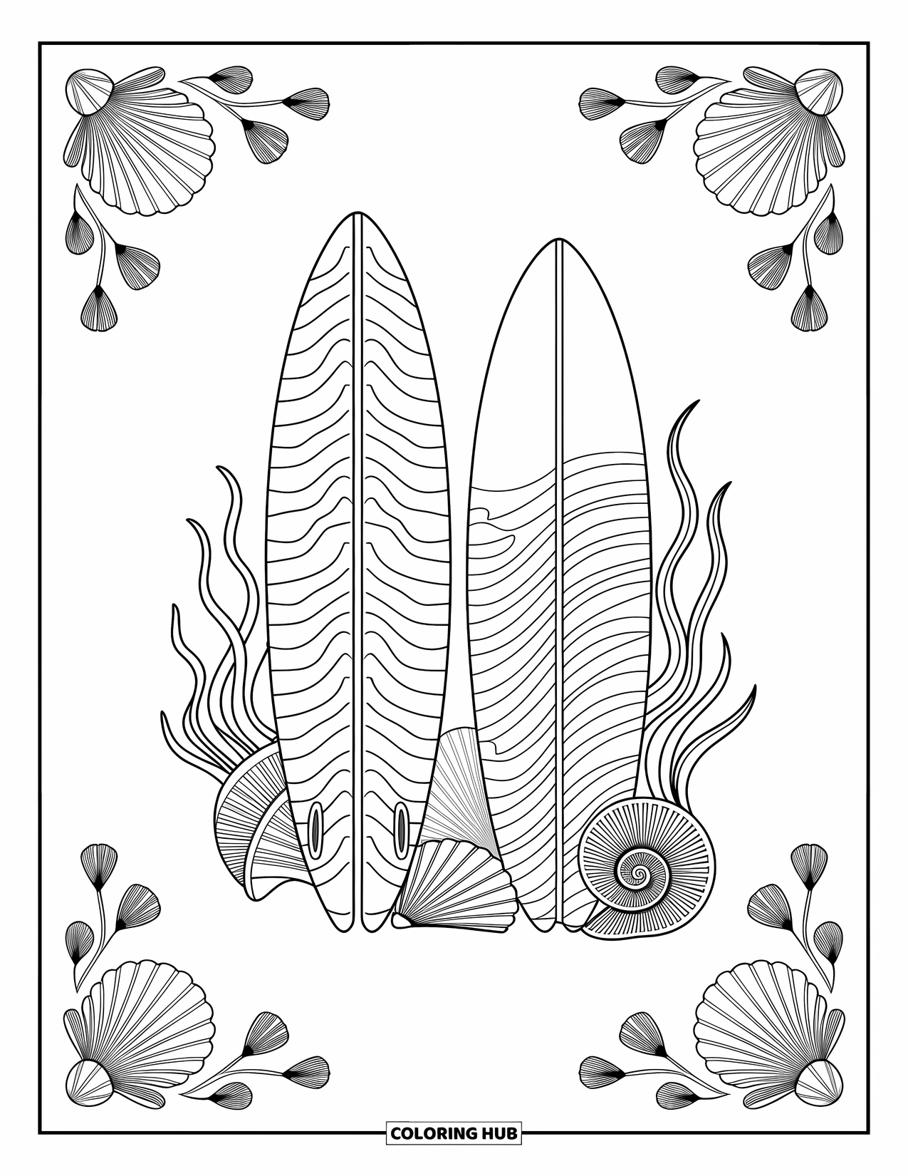 Surfplank Kleurplaat voor Volwassenen: Een surfplank staat bij palmbomen en een strandstoel met uitzicht op de oceaan