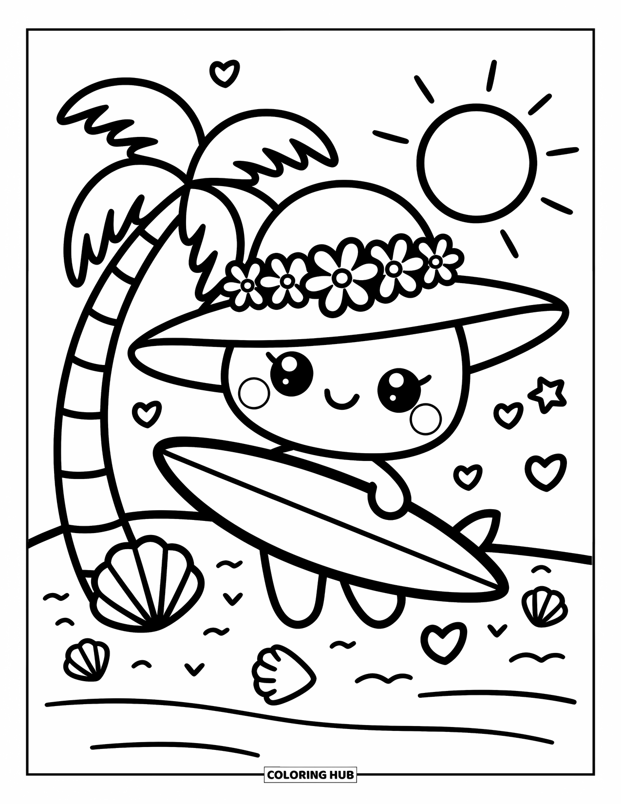 Surfplank Kleurplaat voor Volwassenen: Een surfplank met een "Surf's Up!"-bord staat op een zandstrand met palmbomen