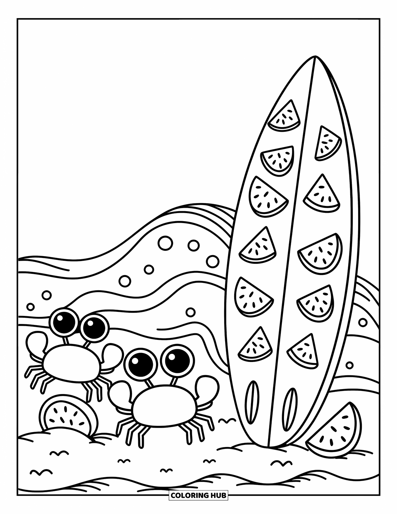 Surfplank Kleurplaat voor Volwassenen: Een surfplank met een golfpatroon rust rechtop naast schelpen en strandgras