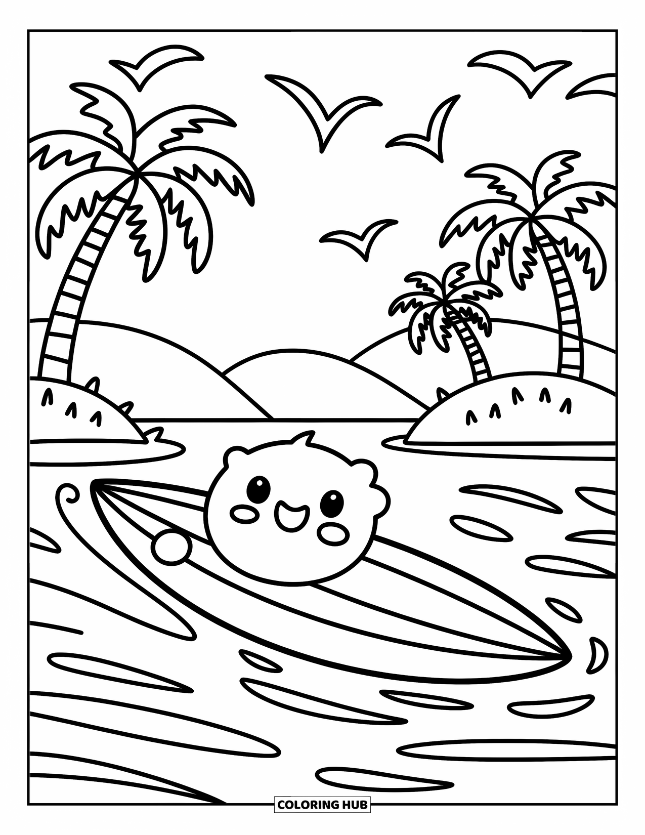 Surfplank Kleurplaat voor Volwassenen: Een surfplank met gedurfde strepen staat bij een houten bord met de tekst "Surf Zone