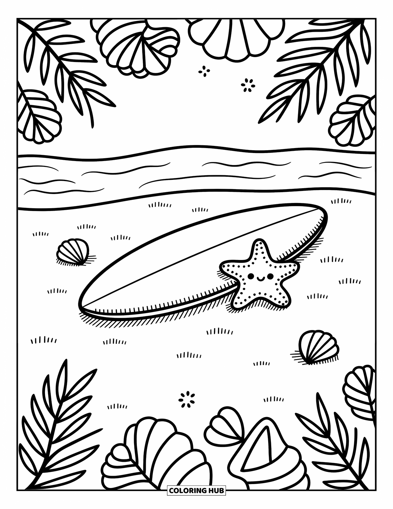 Surfplank Kleurplaat voor Volwassenen: Een surfplank met vrolijke patronen staat bij een vuurtoren en schelpen