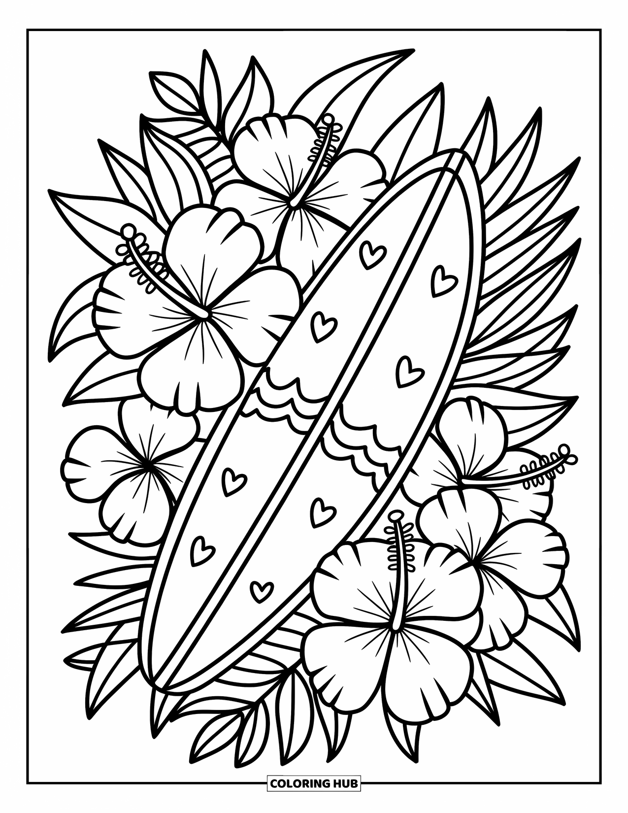 Surfplank Kleurplaat voor Volwassenen: Een surfplank met schattige bloemmotieven rust op het zand naast een zandkasteel