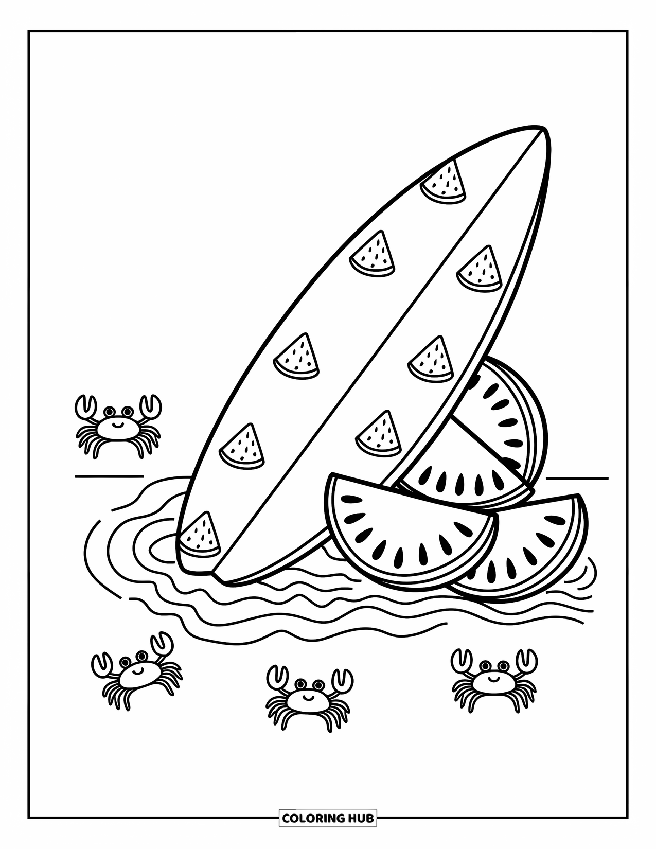 Surfplank Kleurplaat voor Volwassenen: Een surfplank met schattige watermeloenpatronen drijft op golven met tropische vissen