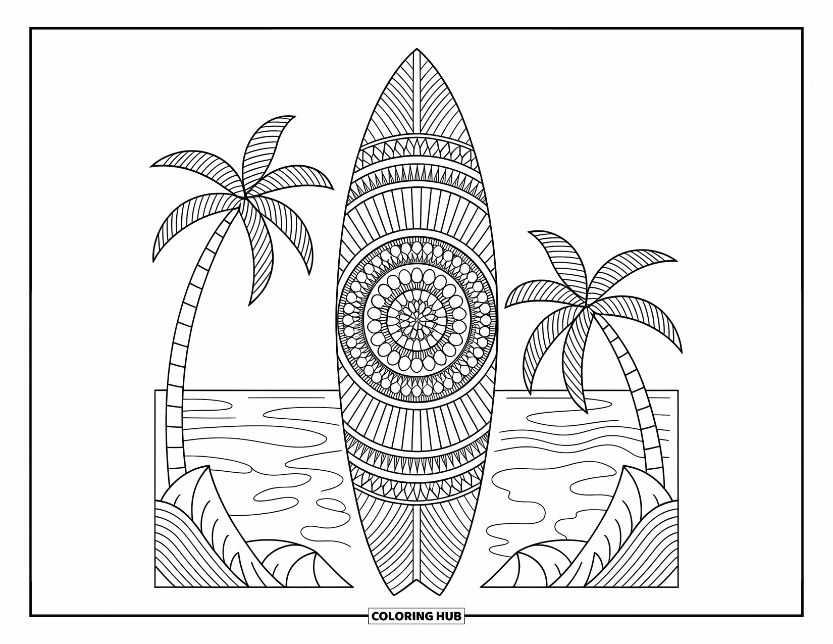 Surfplank Kleurplaat voor Volwassenen: Een surfplank met gedetailleerde mandala patronen drijft op kalme golven onder palmbomen