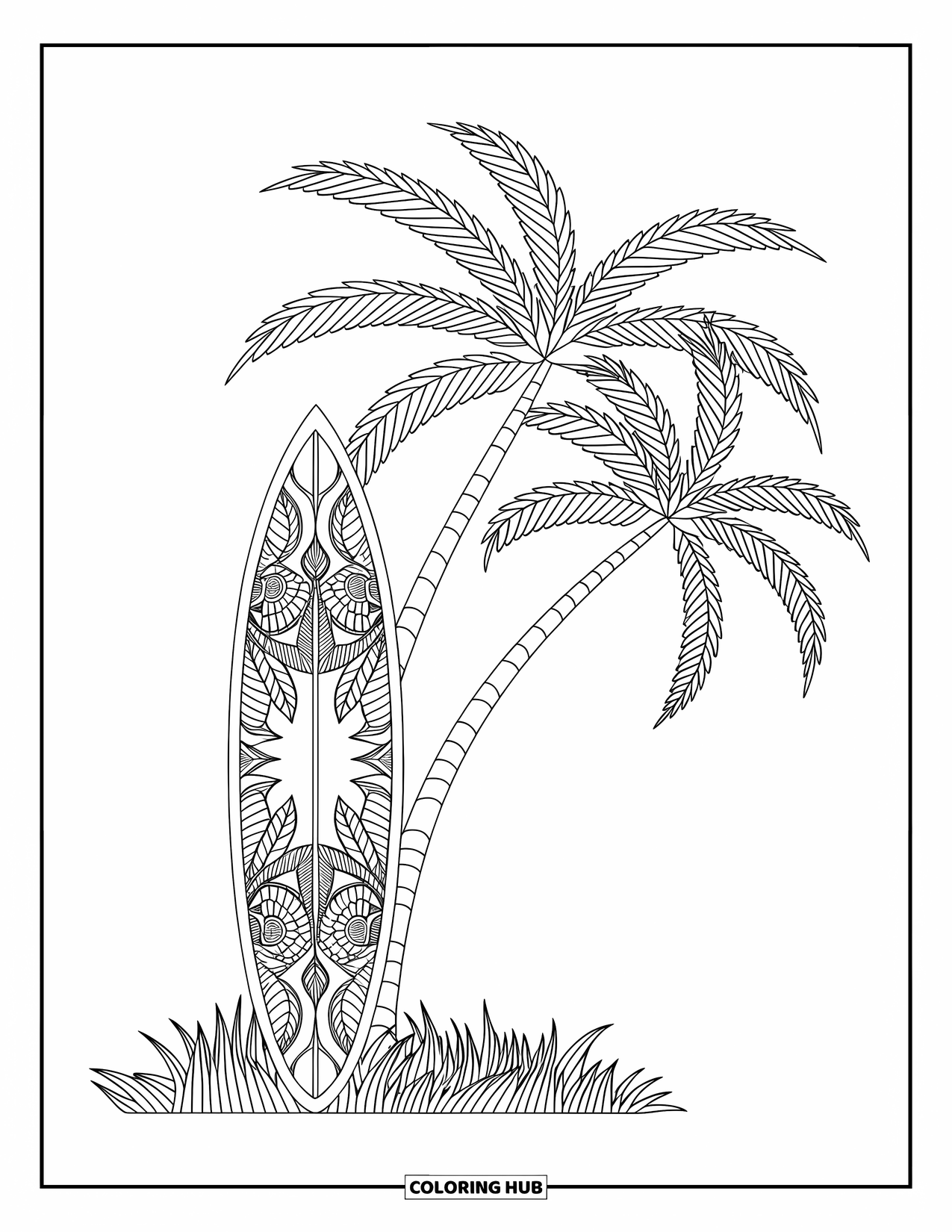 Surfplank Kleurplaat voor Volwassenen: Een surfplank met gedetailleerde patronen leunt tegen bladeren met golven op de achtergrond