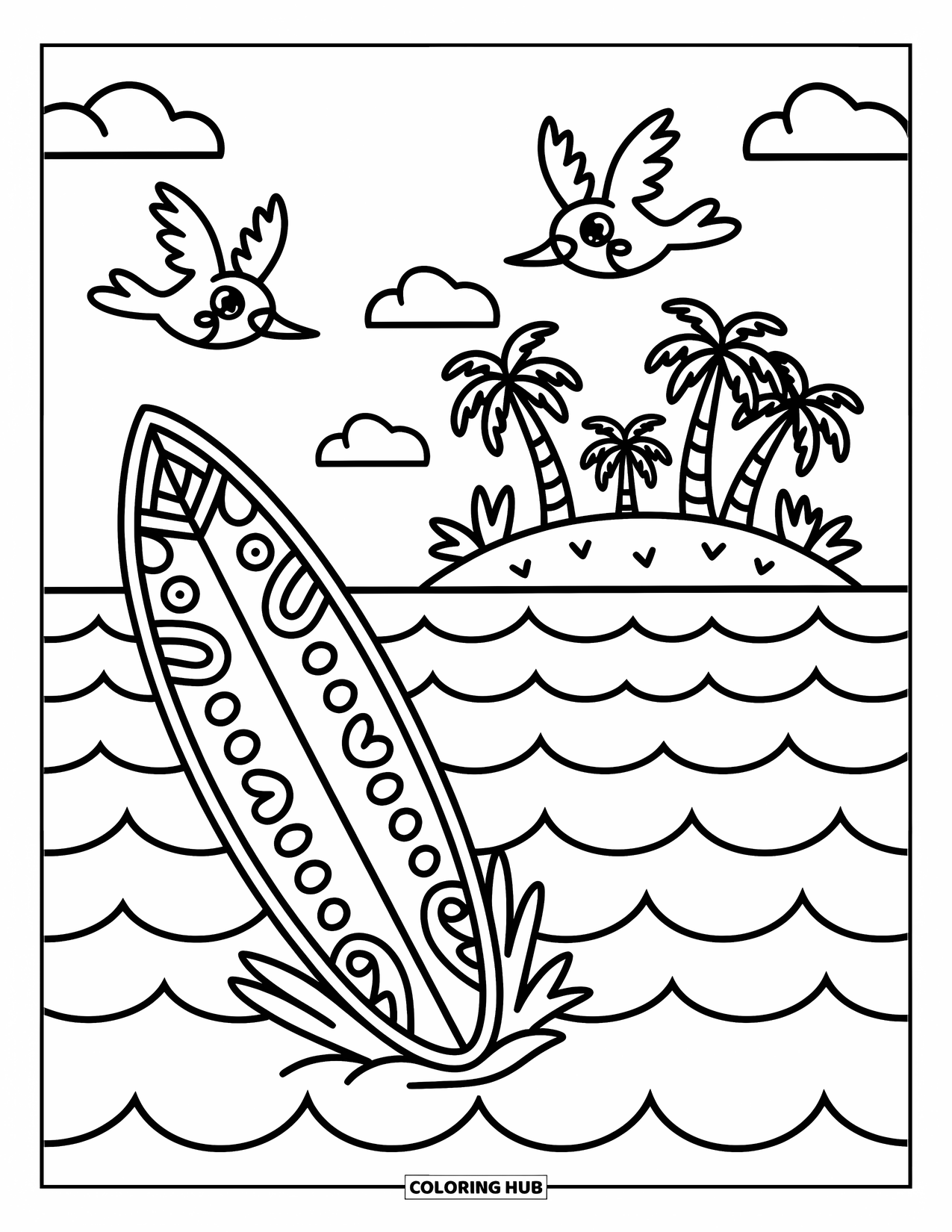 Surfplank Kleurplaat voor Volwassenen: Een surfplank met hart- en bloempatronen leunt tegen een palmboom op het strand