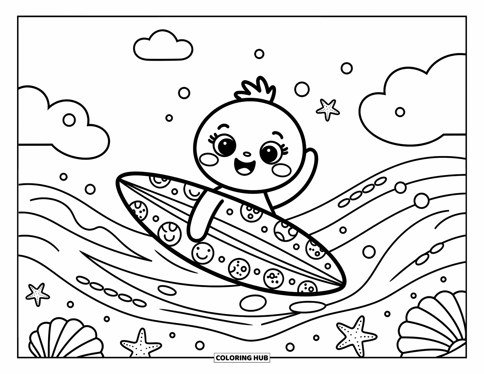 Surfplank Kleurplaat voor Volwassenen: Een surfplank met hartvormige patronen naast een strandbord en strandgras