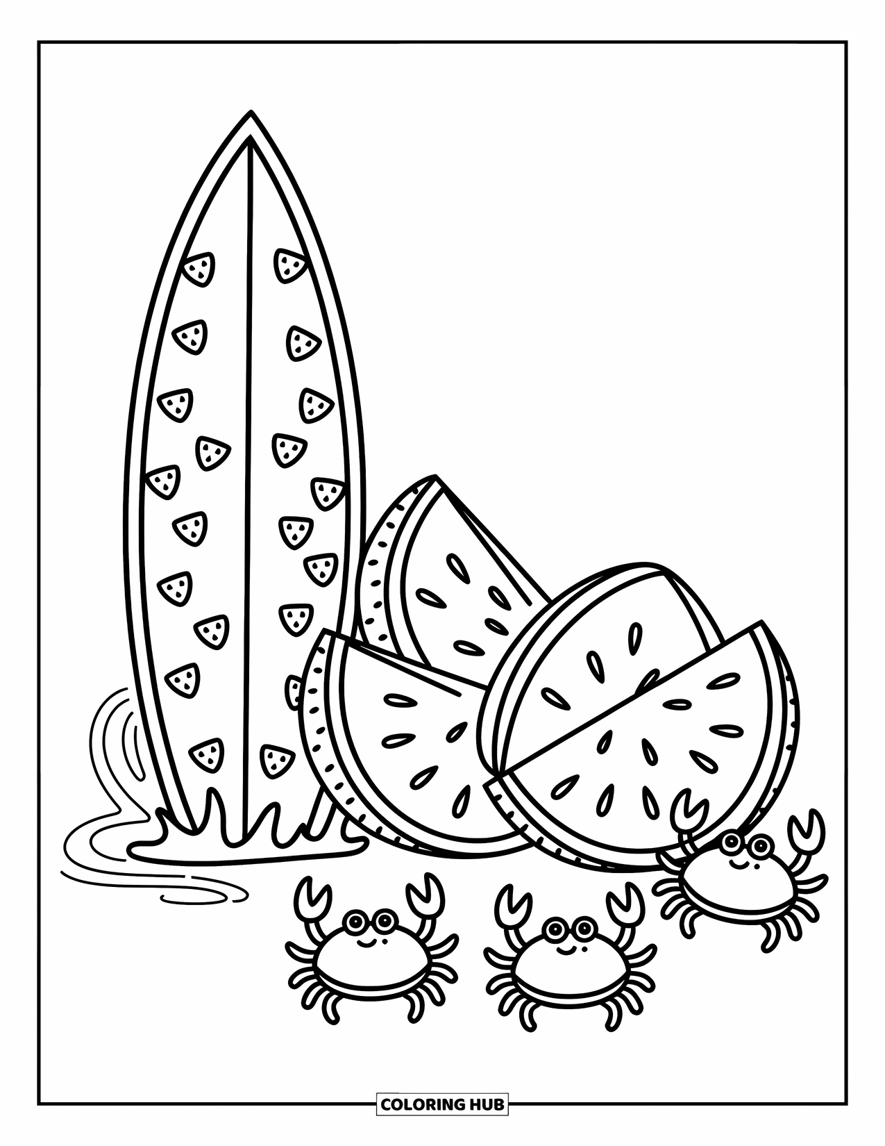 Surfplank Kleurplaat voor Volwassenen: Een surfplank met harten en strepen leunt tegen een strandhek met strandborden