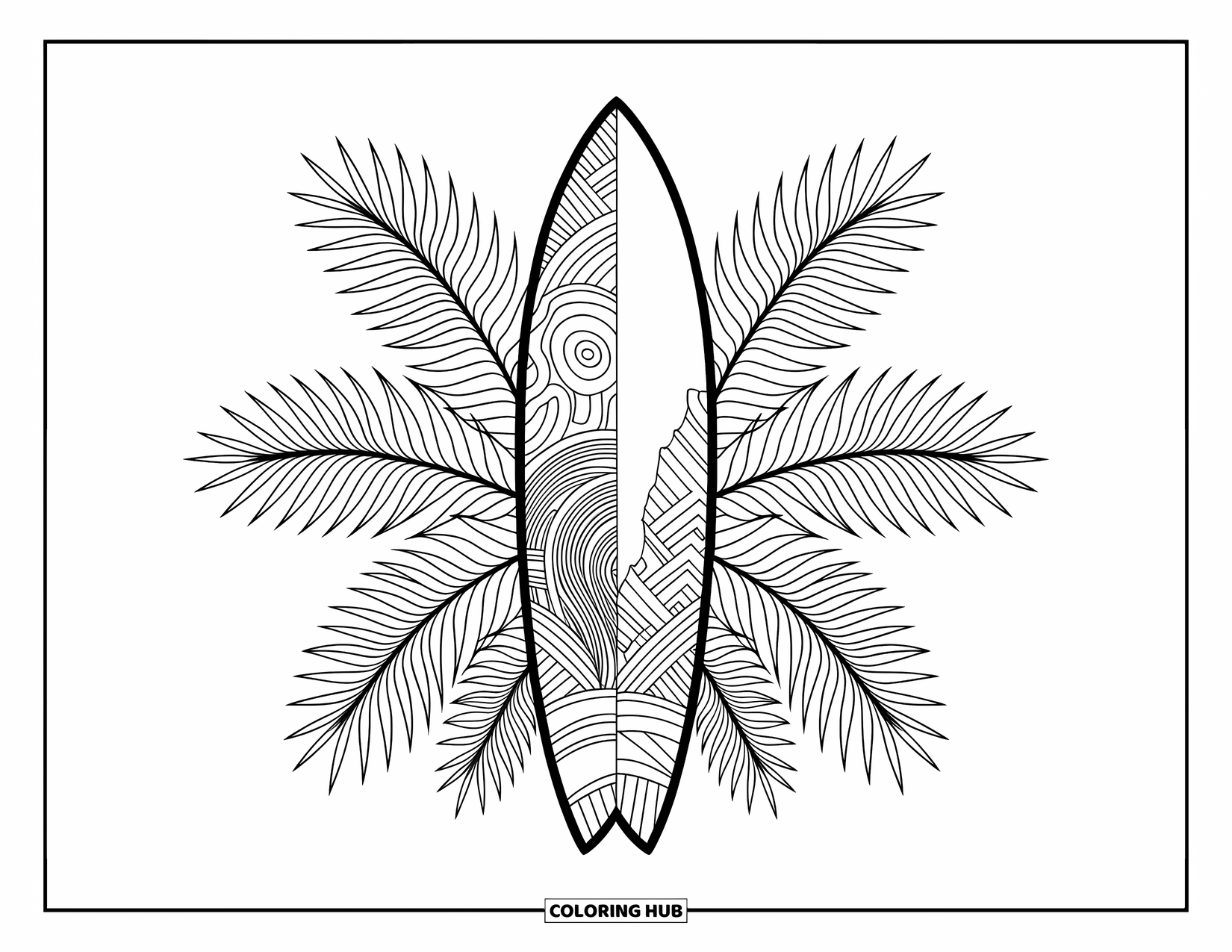 Surfplank Kleurplaat voor Volwassenen: Een surfplank met ingewikkelde tribale patronen rust tussen gedetailleerde palmbladeren