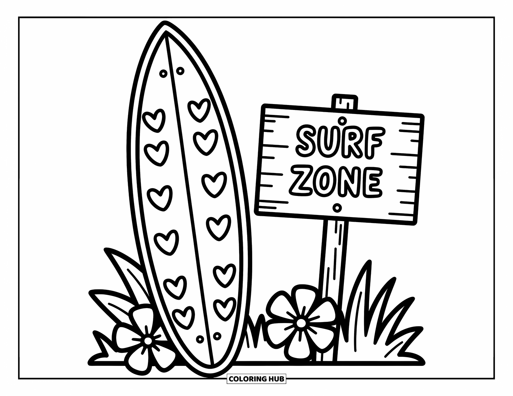 Surfplank Kleurplaat voor Volwassenen: Een surfplank met kawaii doodles drijft tussen zeeschildpadden en zeesterren op kalme golven