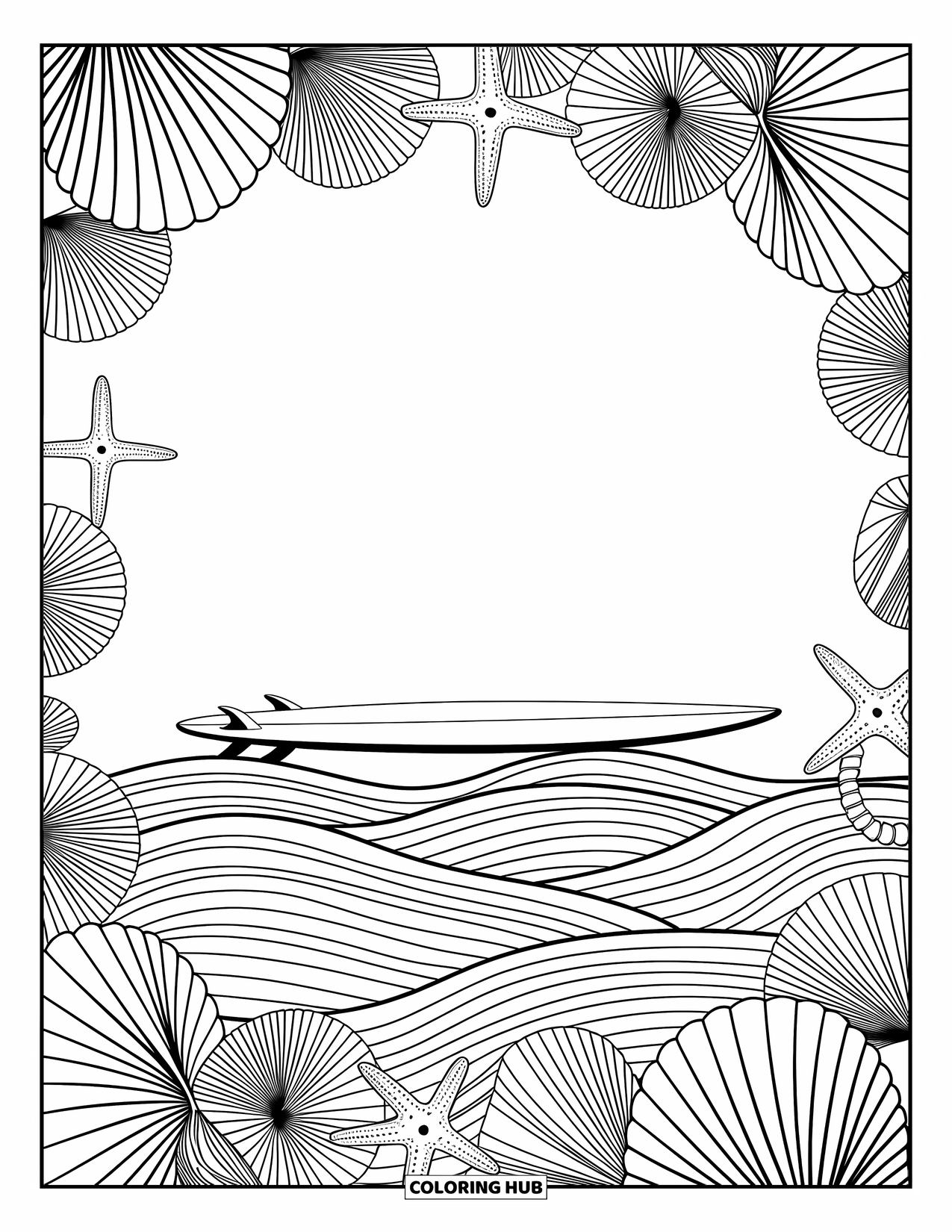 Surfplank Kleurplaat voor Volwassenen: Een surfplank met mandala-ontwerpen leunt tegen palmbomen met gedetailleerde bladeren