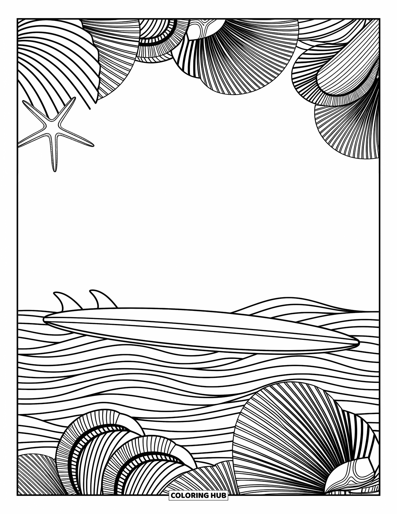 Surfplank Kleurplaat voor Volwassenen: Een surfplank met mandala patronen leunt tegen wuivende palmbomen