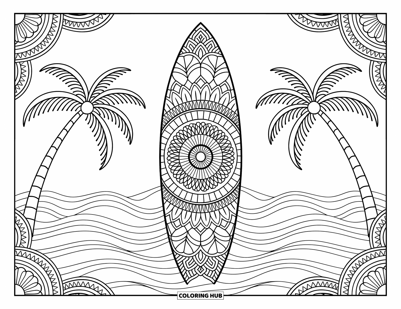 Surfplank Kleurplaat voor Volwassenen: Een surfplank met mandala-patronen leunt bij palmbomen tegen een serene oceaanachtergrond