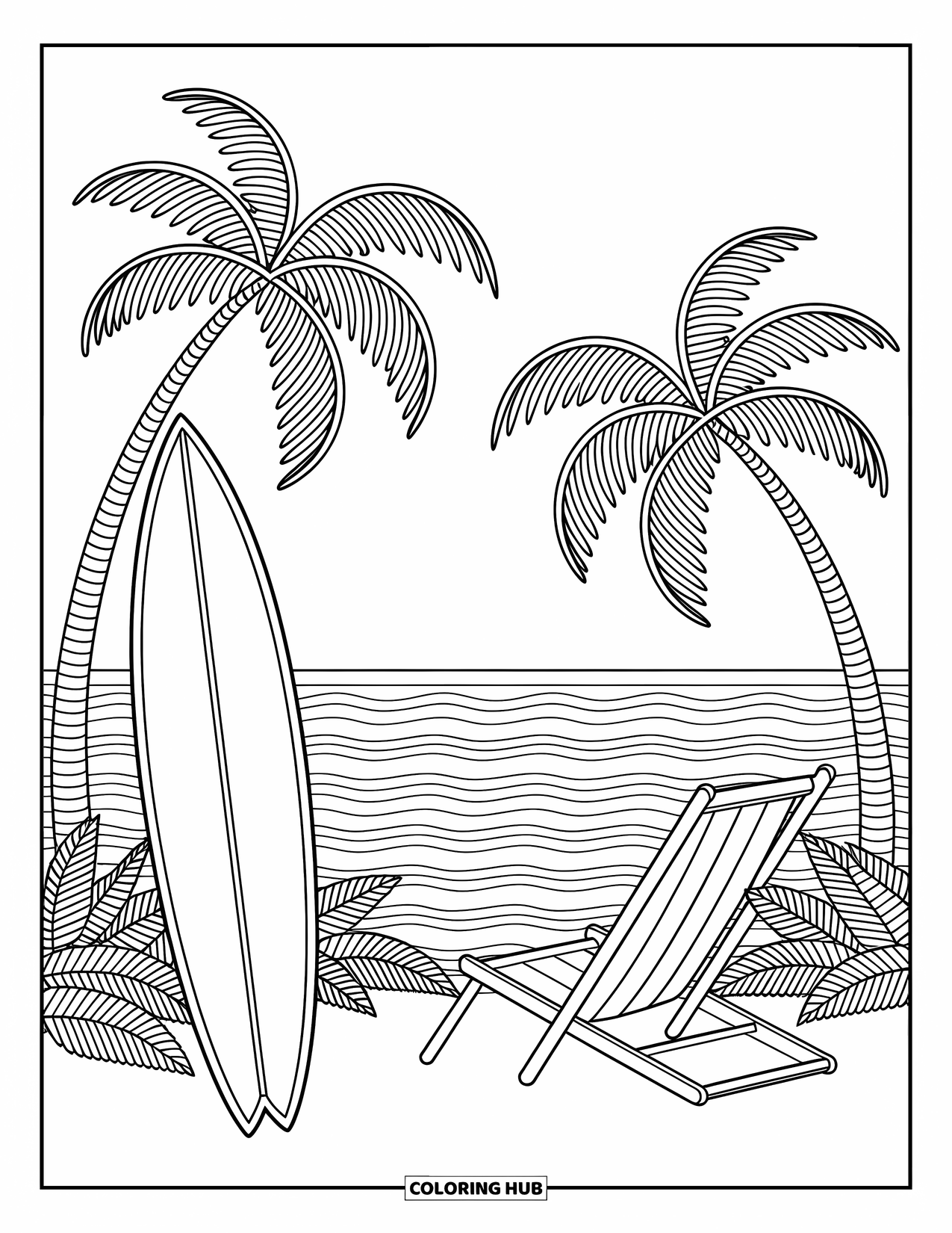 Surfplank Kleurplaat voor Volwassenen: Een surfplank met oceaan-geïnspireerde patronen drijft tussen zeesterren en schelpen