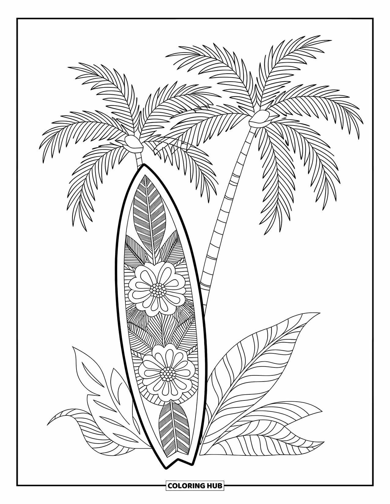 Surfplank Kleurplaat voor Volwassenen: Een surfplank met Polynesische ontwerpen rust bij weelderig groen en oceaangolven