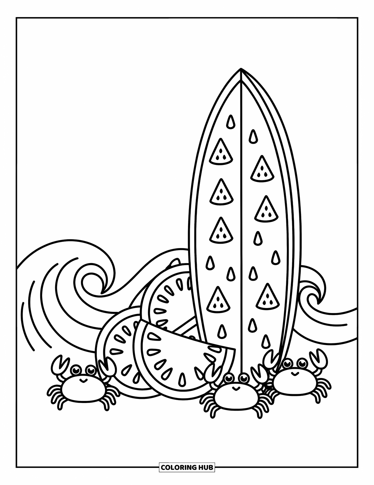 Surfplank Kleurplaat voor Volwassenen: Een surfplank met wervel- en zigzagpatronen staat bij palmbomen en strandstoelen