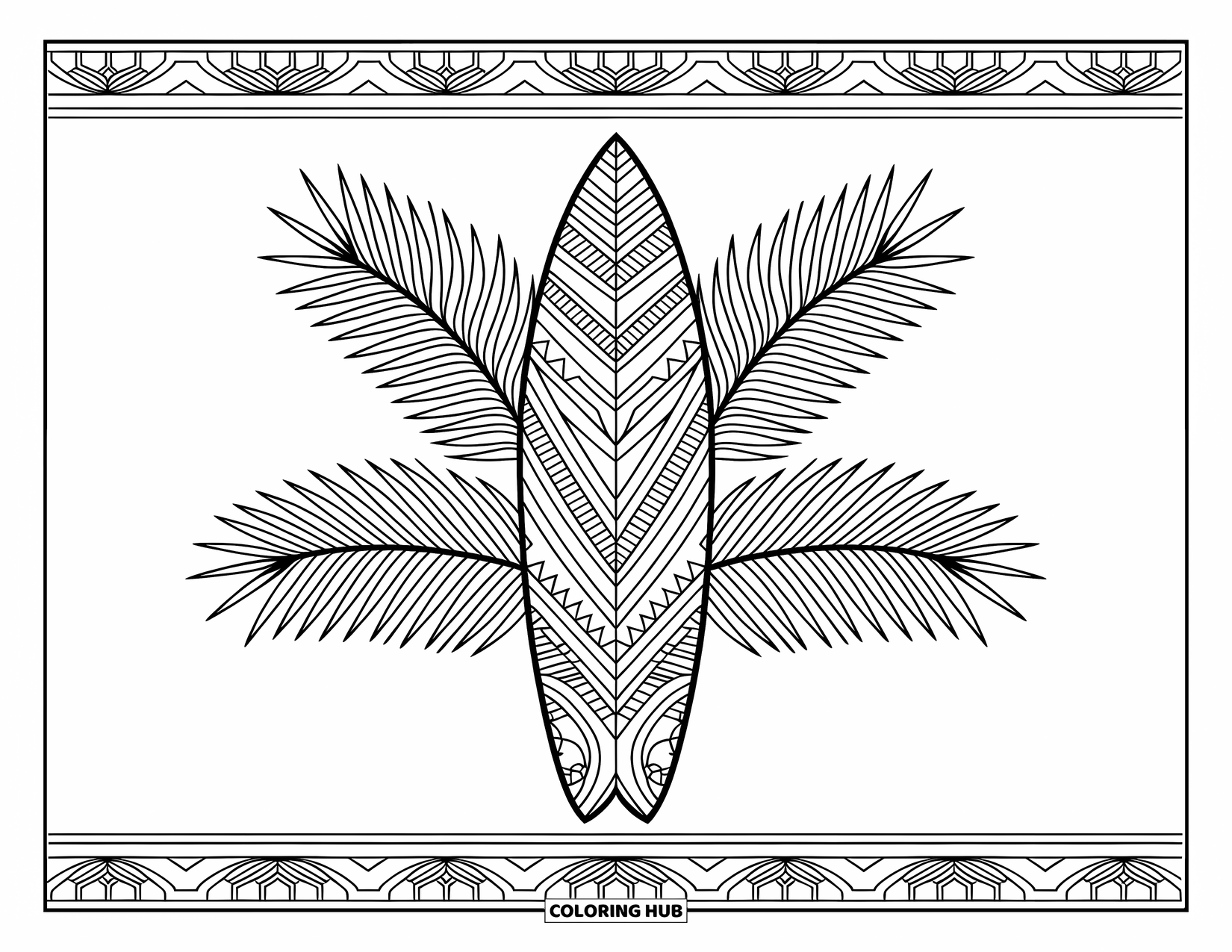 Surfplank Kleurplaat voor Volwassenen: Een surfplank met tribale ontwerpen leunt tegen palmbladeren en oceaangolven