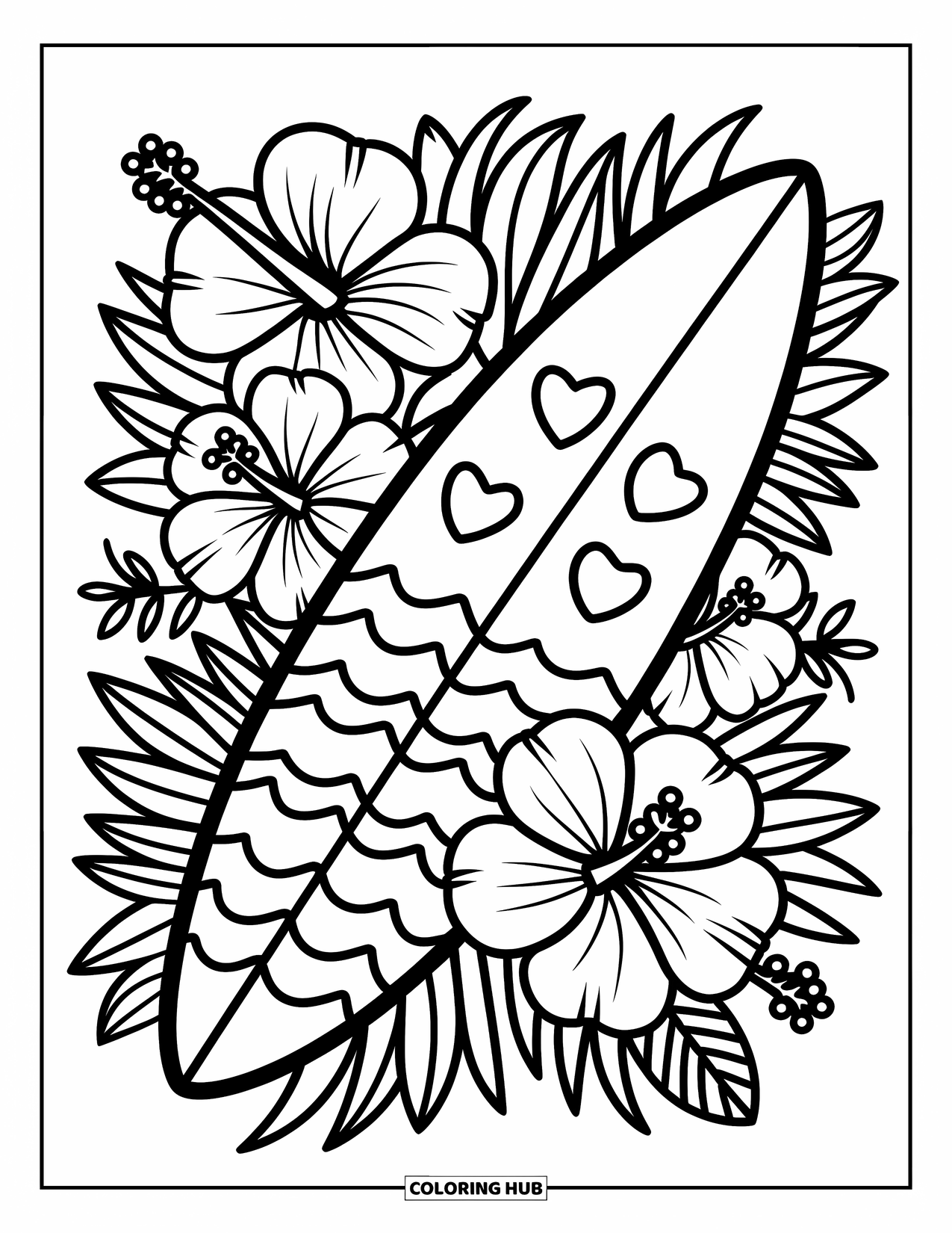 Surfplank Kleurplaat voor Volwassenen: Een surfplank met tribale patronen rijdt op golven omringd door zeesterren en schelpen