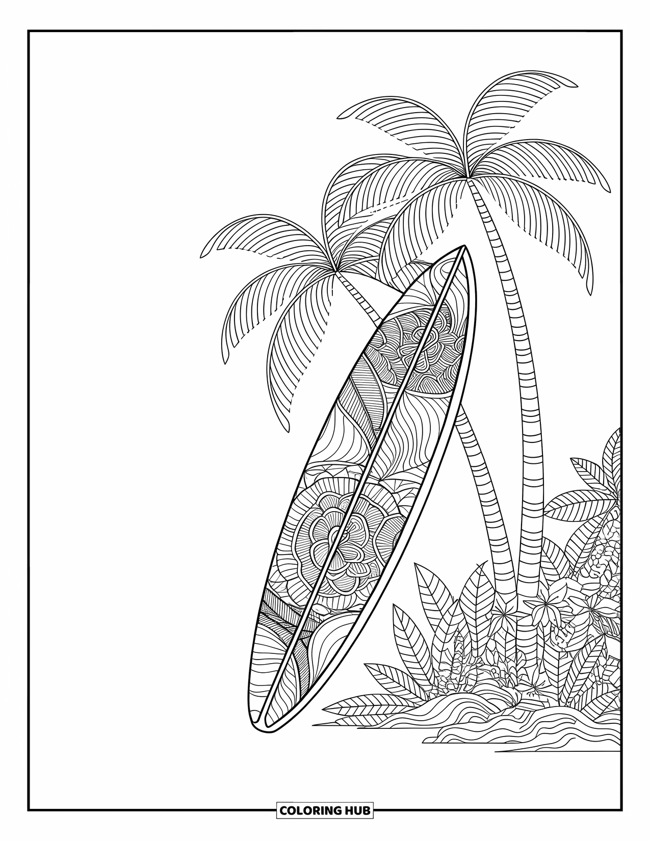 Surfplank Kleurplaat voor Volwassenen: Een surfplank met tribale patronen staat rechtop bij tropisch gebladerte en golven