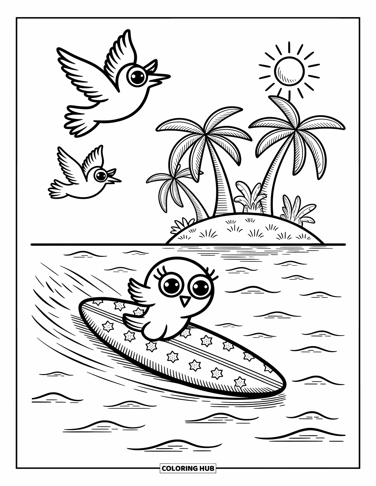 Surfplank Kleurplaat voor Volwassenen: Een surfplank met tropische bloemontwerpen drijft op golven met meeuwen die erboven vliegen