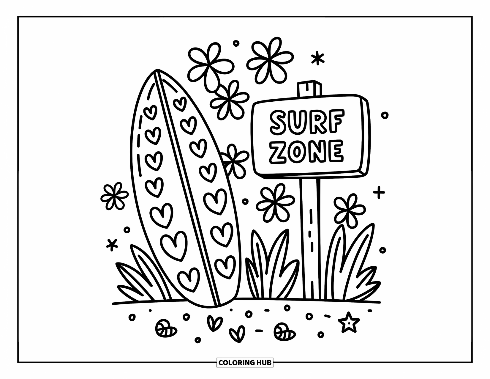 Surfplank Kleurplaat voor Volwassenen: Een surfplank met tropische bloempatronen staat bij palmbomen en schelpen