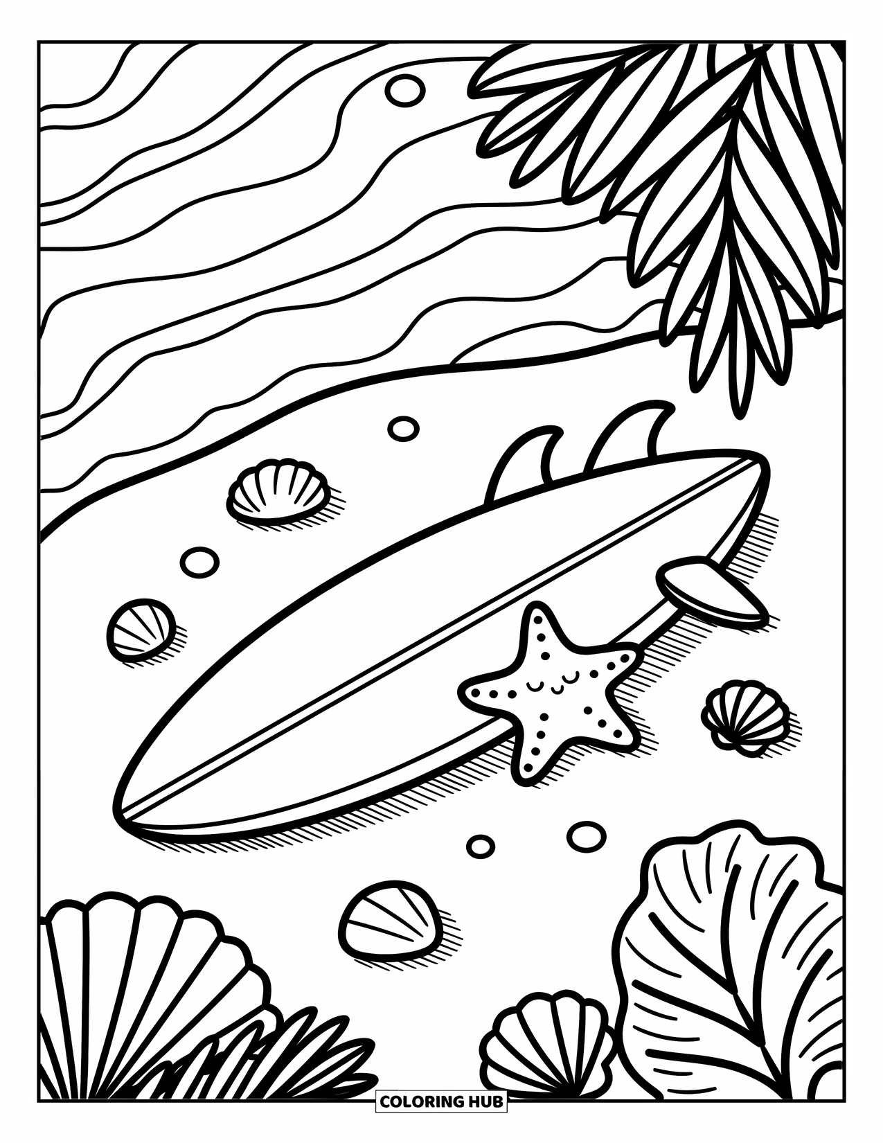 Surfplank Kleurplaat voor Volwassenen: Een surfplank met tropische bladeren staat op het zand met schelpen en een kleine zeester