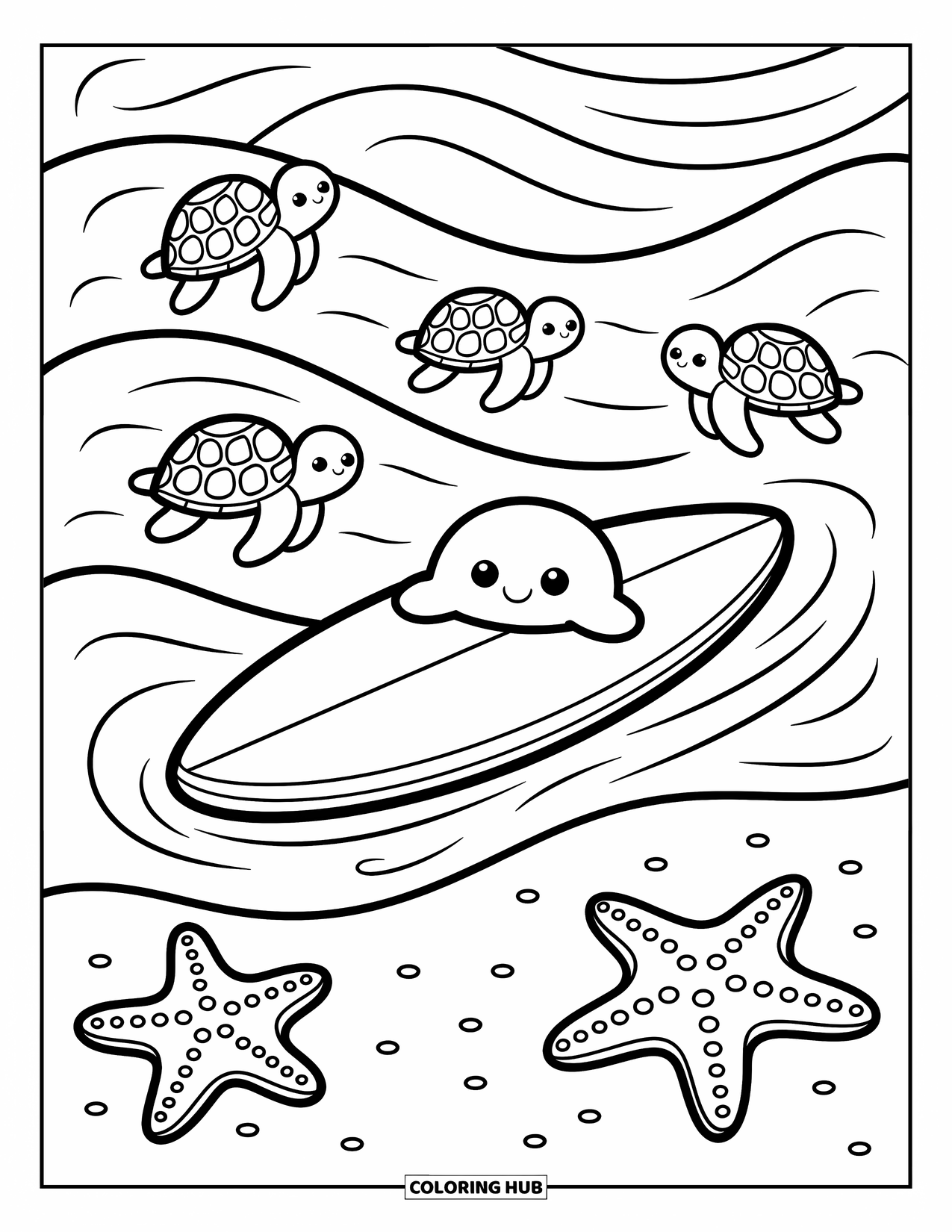 Surfplank Kleurplaat voor Volwassenen: Een surfplank met watermeloenpatronen staat naast fruitschijfjes en nieuwsgierige krabben