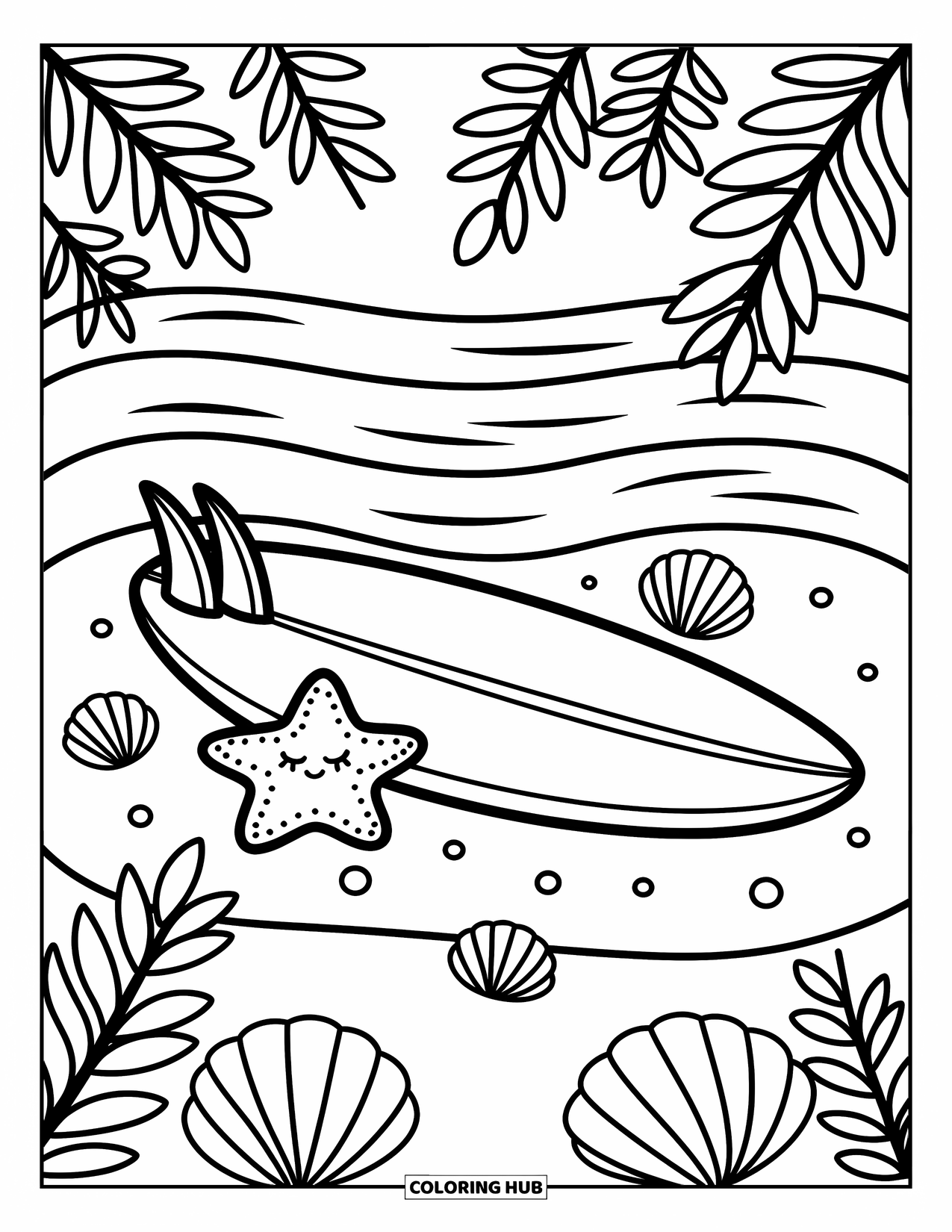 Surfplank Kleurplaat voor Volwassenen: Een surfplank met golf- en bloempatronen rijdt op golven met een speelse krab in de buurt