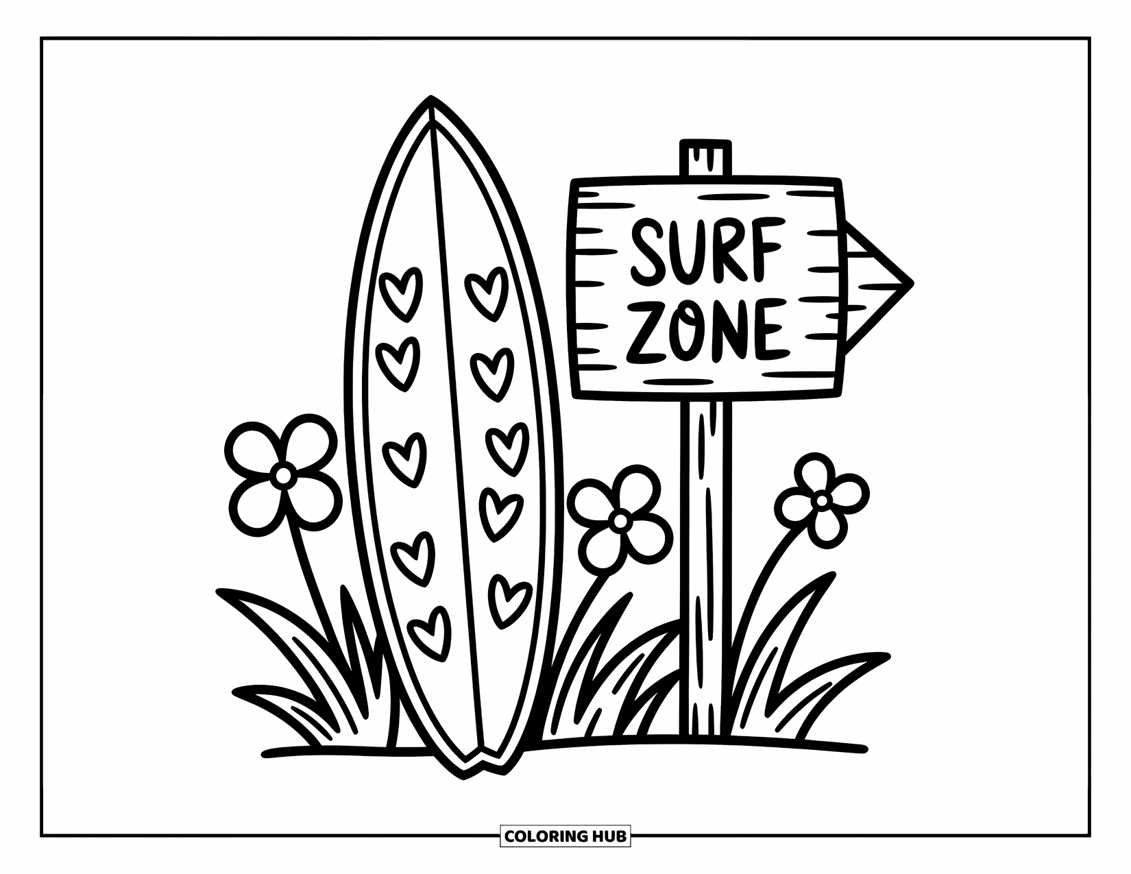 Surfplank Kleurplaat voor Volwassenen: Een surfplank met golf- en streepmotieven rust op het zand met schelpen