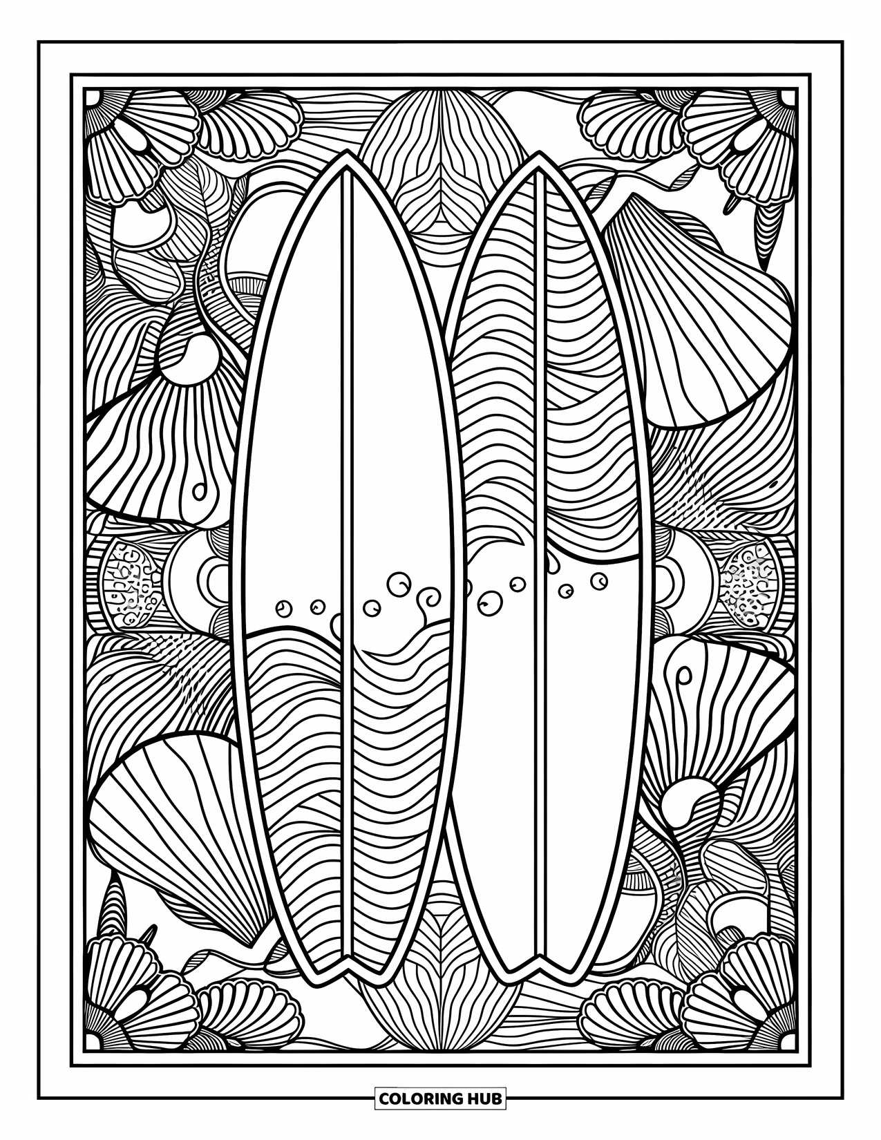Surfplank Kleurplaat voor Volwassenen: Een surfplank met golfpatronen leunt bij palmbomen onder een oceaanhorizon