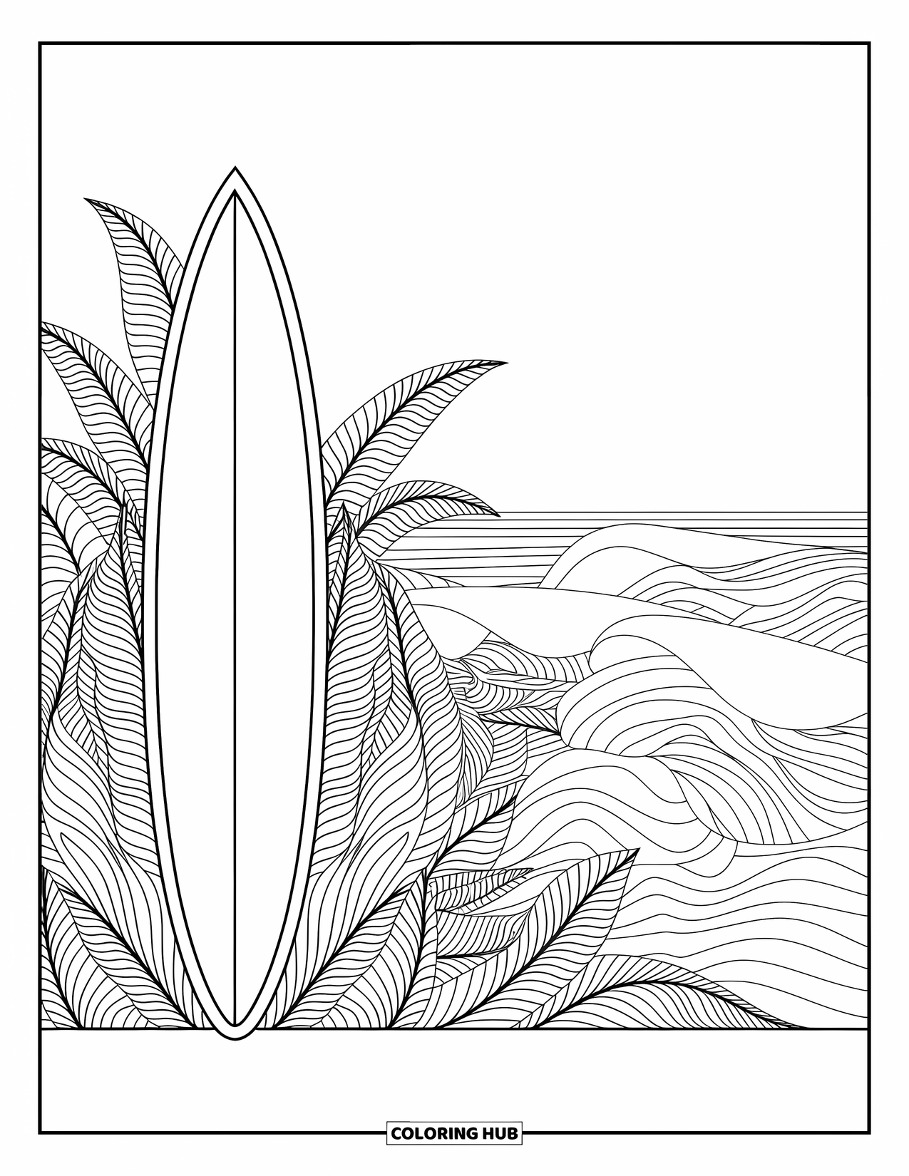 Surfplank Kleurplaat voor Volwassenen: Surfplanken met oceaan-thema patronen rusten bij schelpen en zeesterren