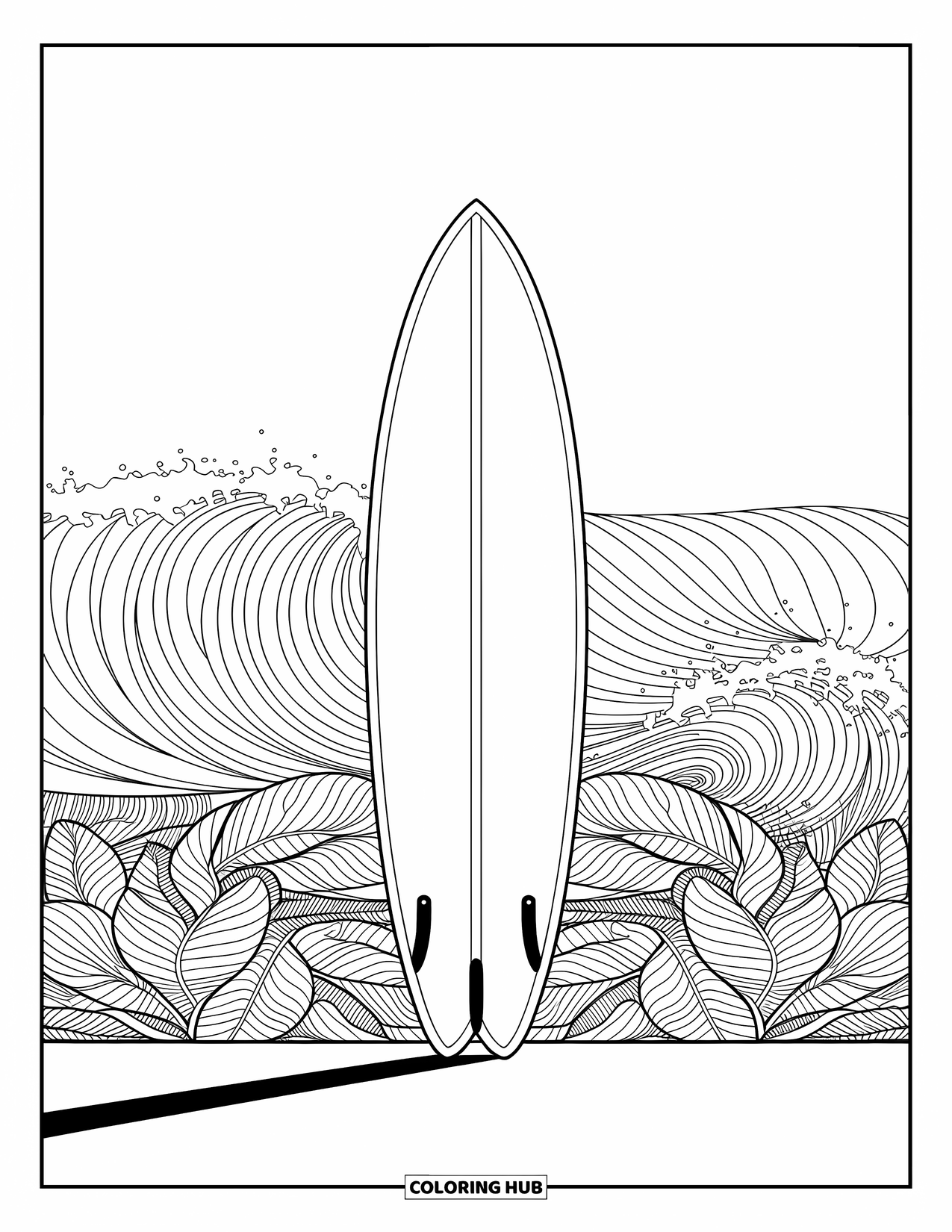 Surfplank Kleurplaat voor Volwassenen: Surfplanken met patronen van het zeeleven staan tussen schelpen en oceaangolven
