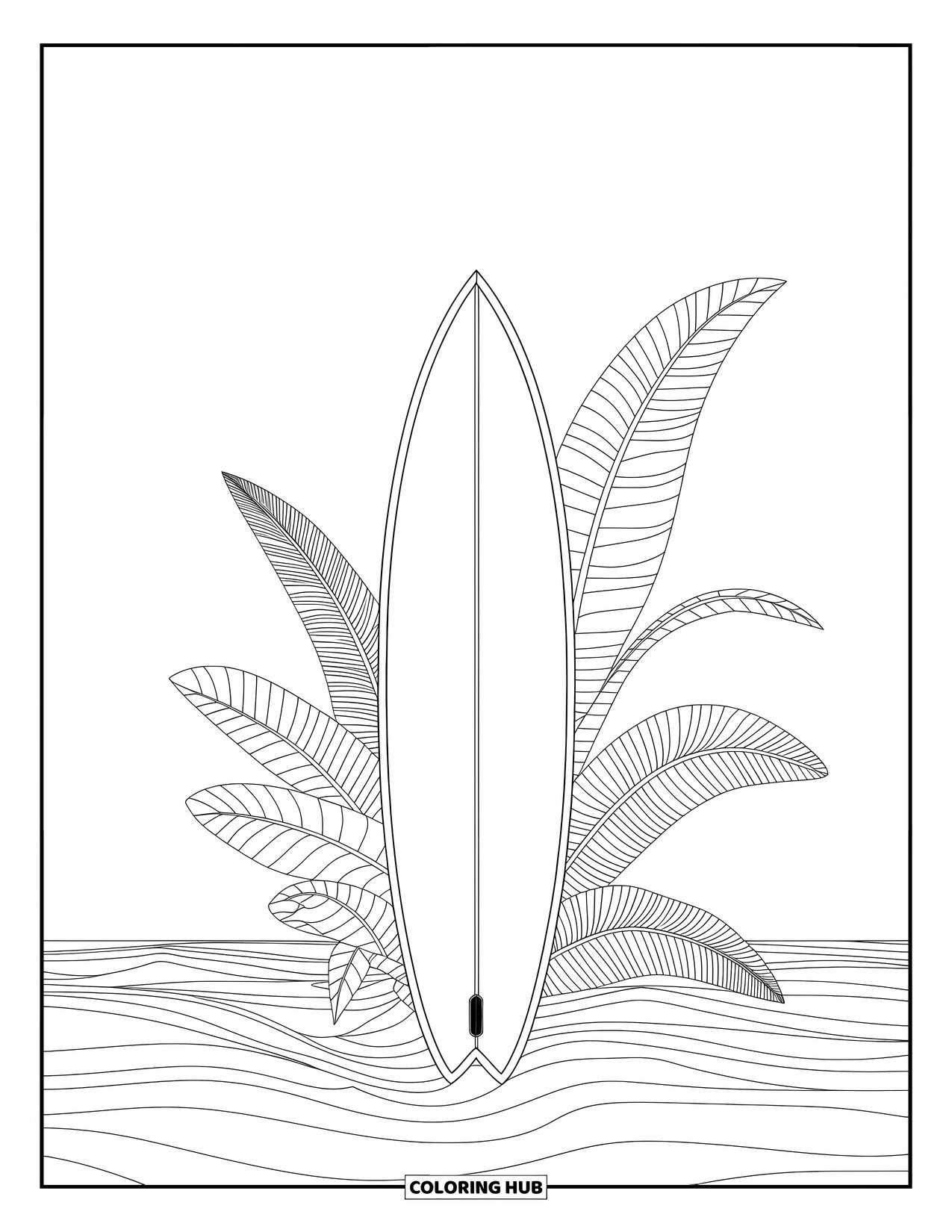 Surfplank Kleurplaat voor Volwassenen: Twee surfplanken met ingewikkelde golfpatronen zijn omringd door schelpen