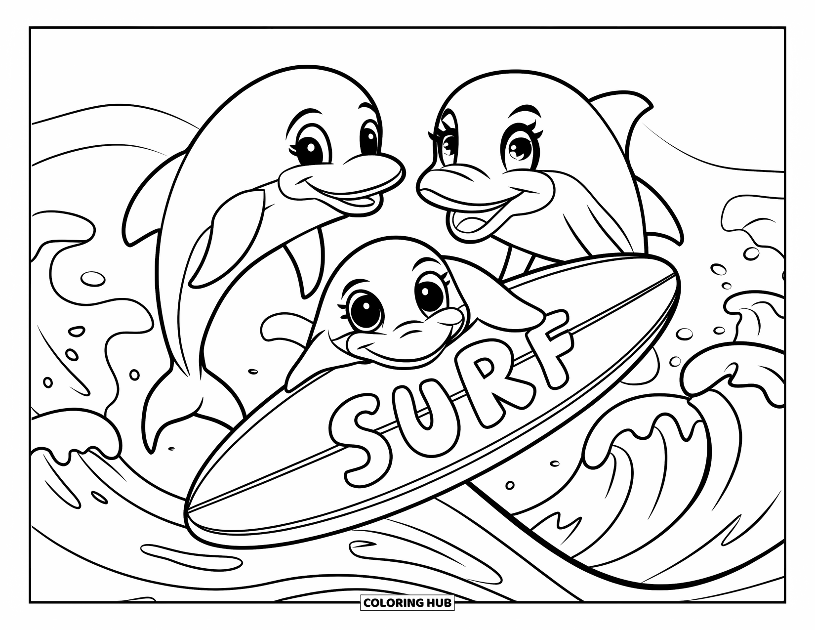 Surfplank Kleurplaat voor Kinderen: Een surfplank tussen golven met dolfijnen die speels springen