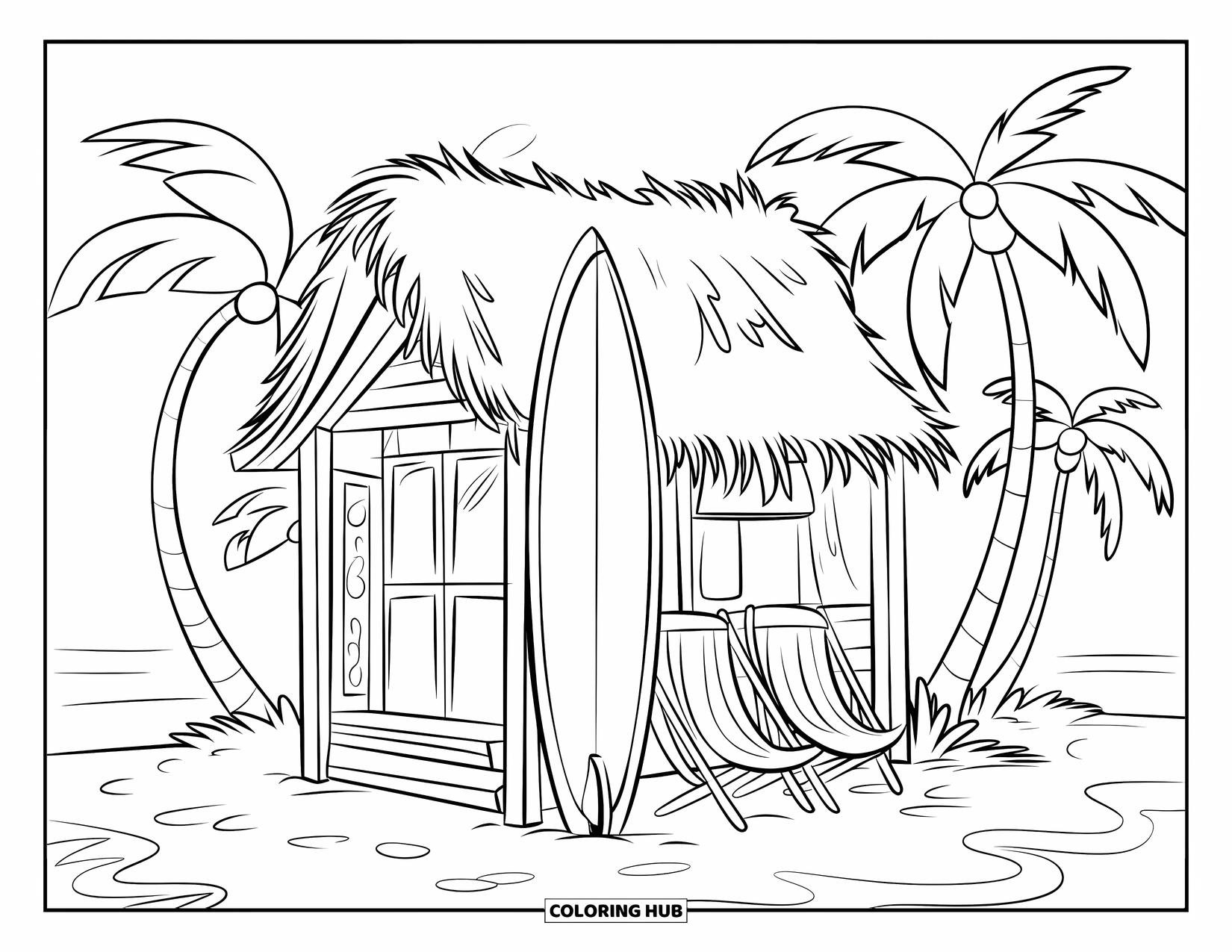 Surfplank Kleurplaat voor Kinderen: Een surfplank bij een strandhut met palmbomen en strandstoelen in de buurt