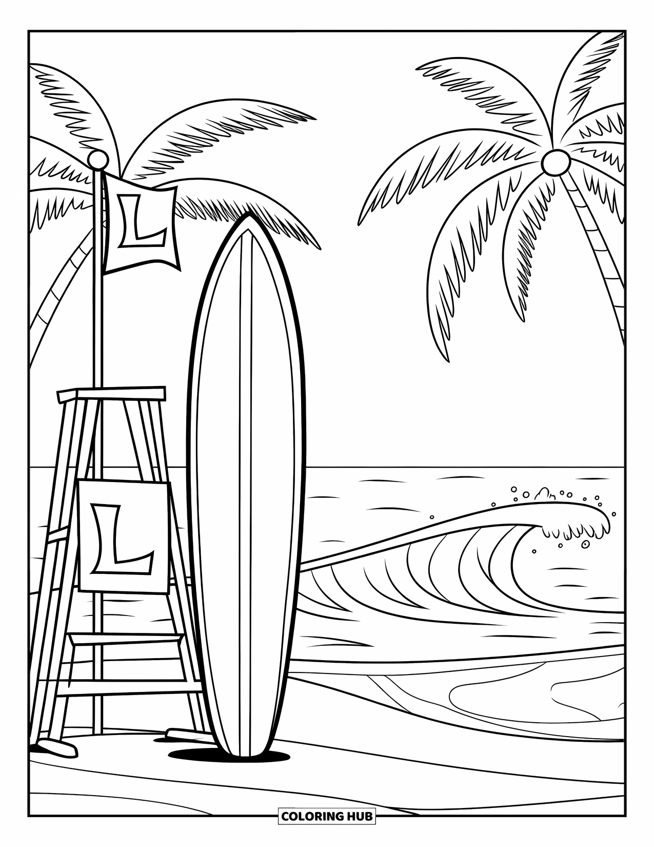 Surfplank Kleurplaat voor Kinderen: Een surfplank bij een strandwachtpost met oceaangolven en palmbomen