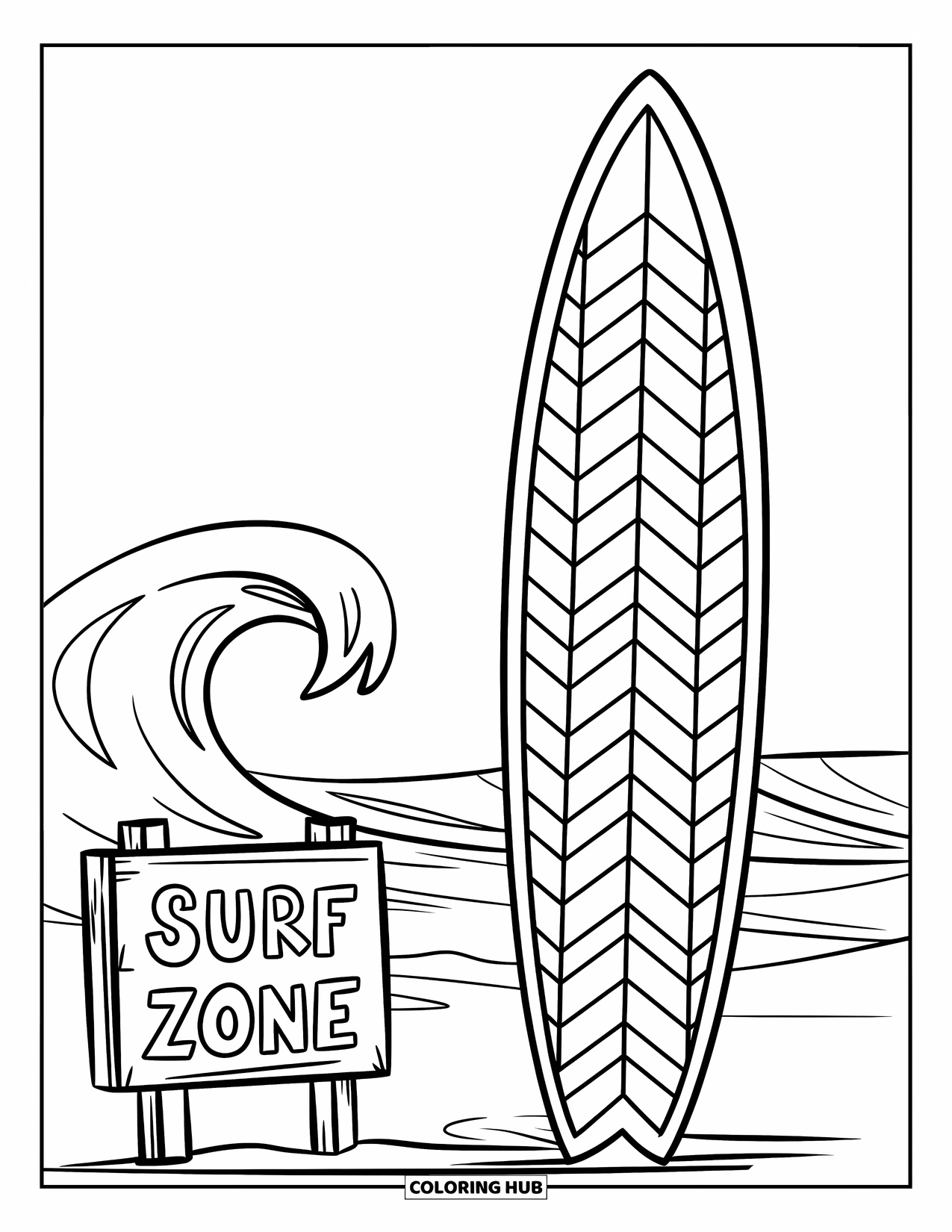 Surfplank Kleurplaat voor Kinderen: Een surfplank bij een "Surf Zone"-bord met golven op de achtergrond