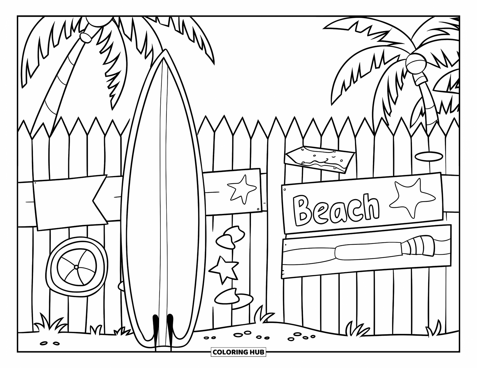 Surfplank Kleurplaat voor Kinderen: Een surfplank bij een houten hek met strandborden en palmbomen in de buurt