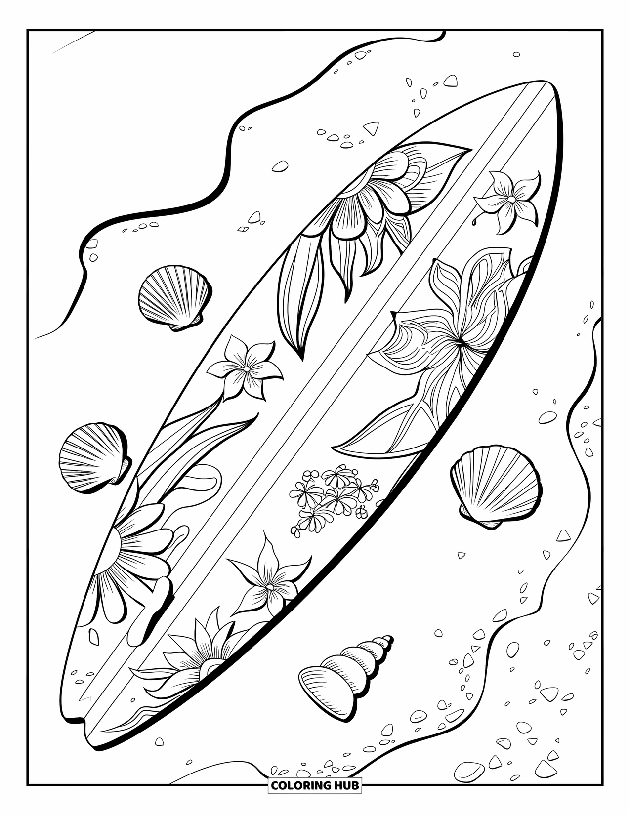Surfplank Kleurplaat voor Kinderen: Een surfplank versierd met bloemen op zand omringd door schelpen