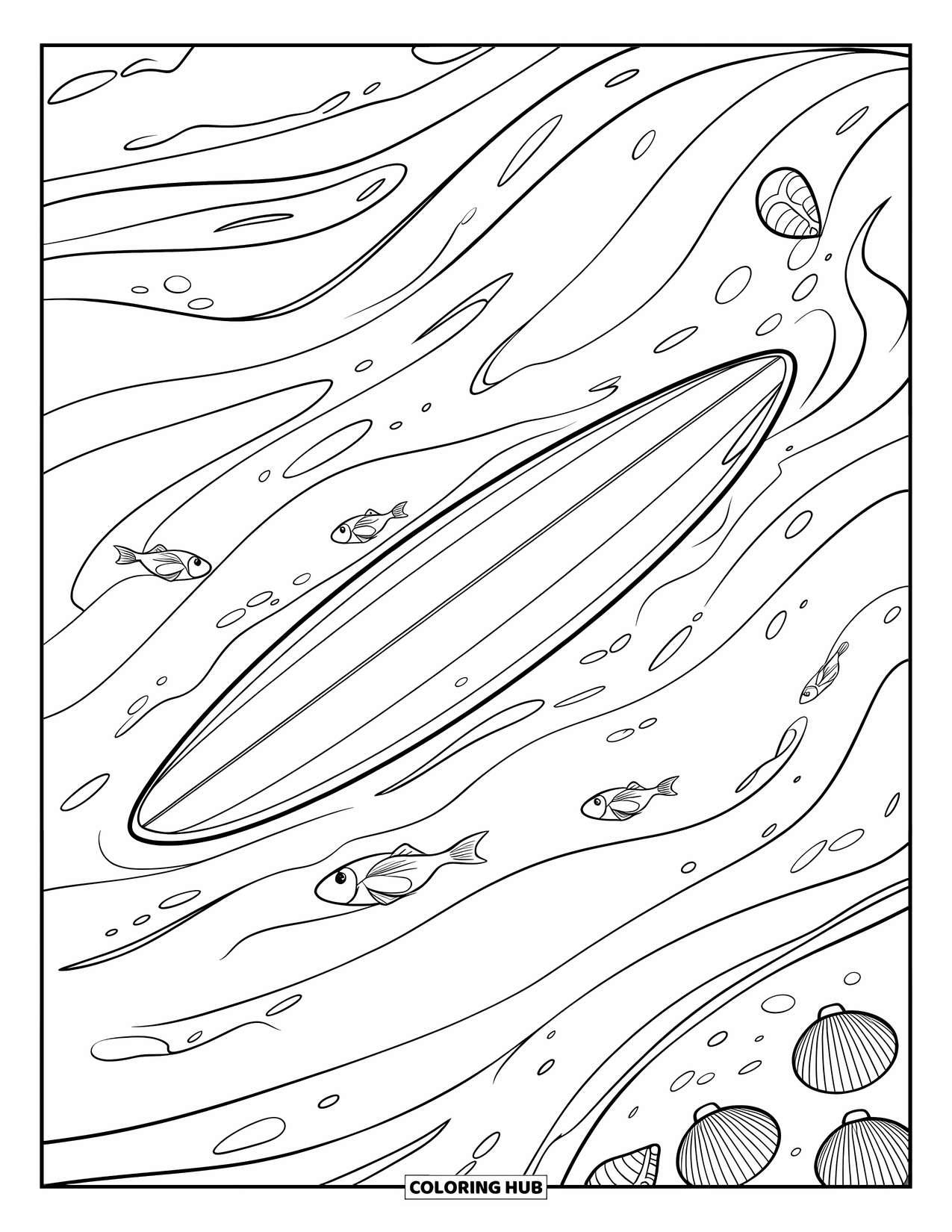 Surfplank Kleurplaat voor Kinderen: Een surfplank drijvend tussen zachte golven met schelpen en vissen in de buurt
