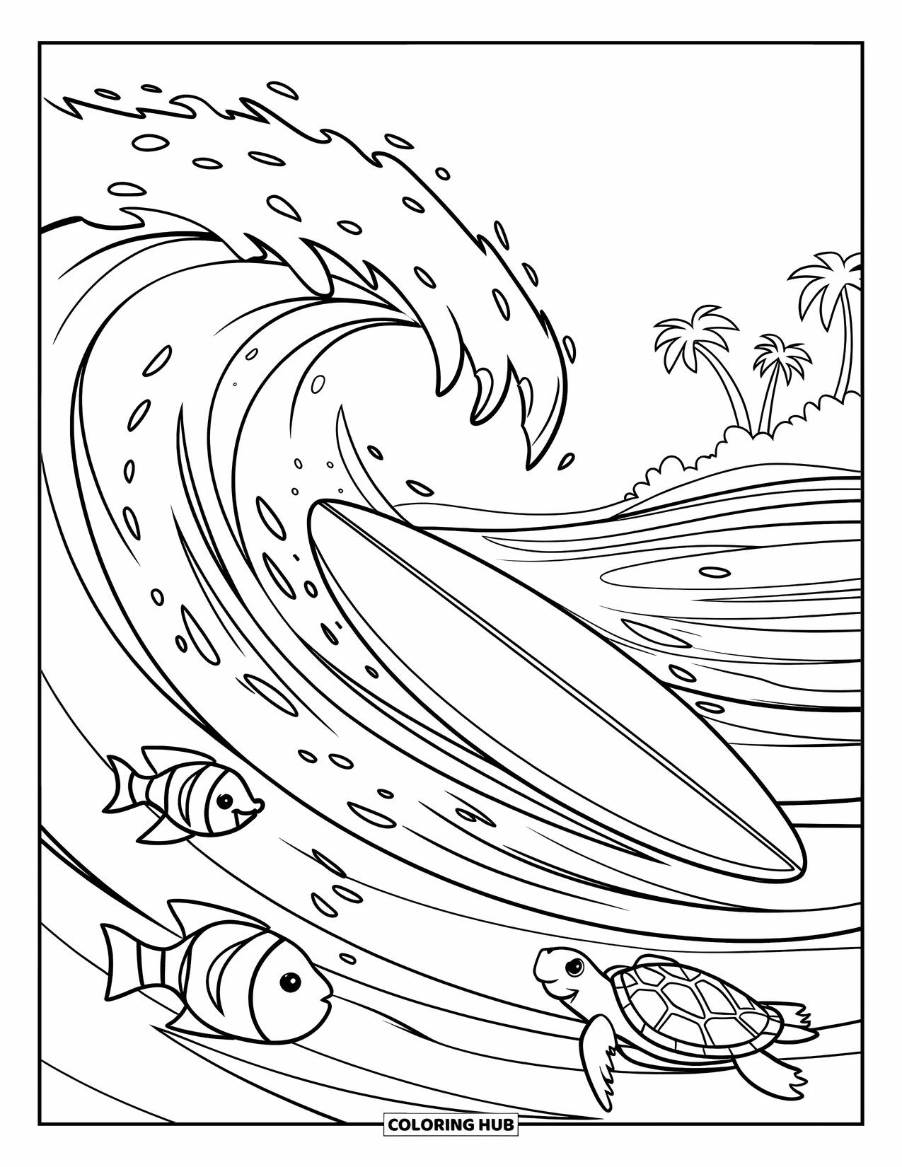 Surfplank Kleurplaat voor Kinderen: Een surfplank drijvend op golven met vissen, schildpadden en een tropisch eiland
