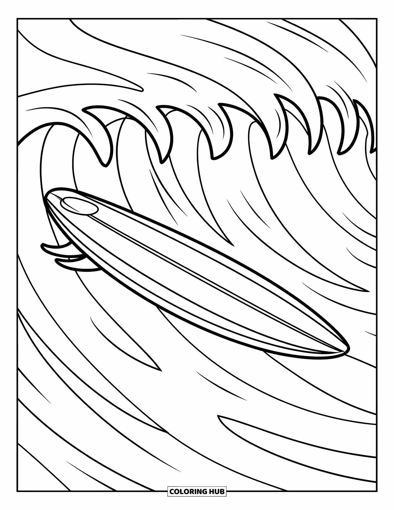 Surfplank Kleurplaat voor Kinderen: Een surfplank drijvend op golven met meeuwen en een heldere lucht