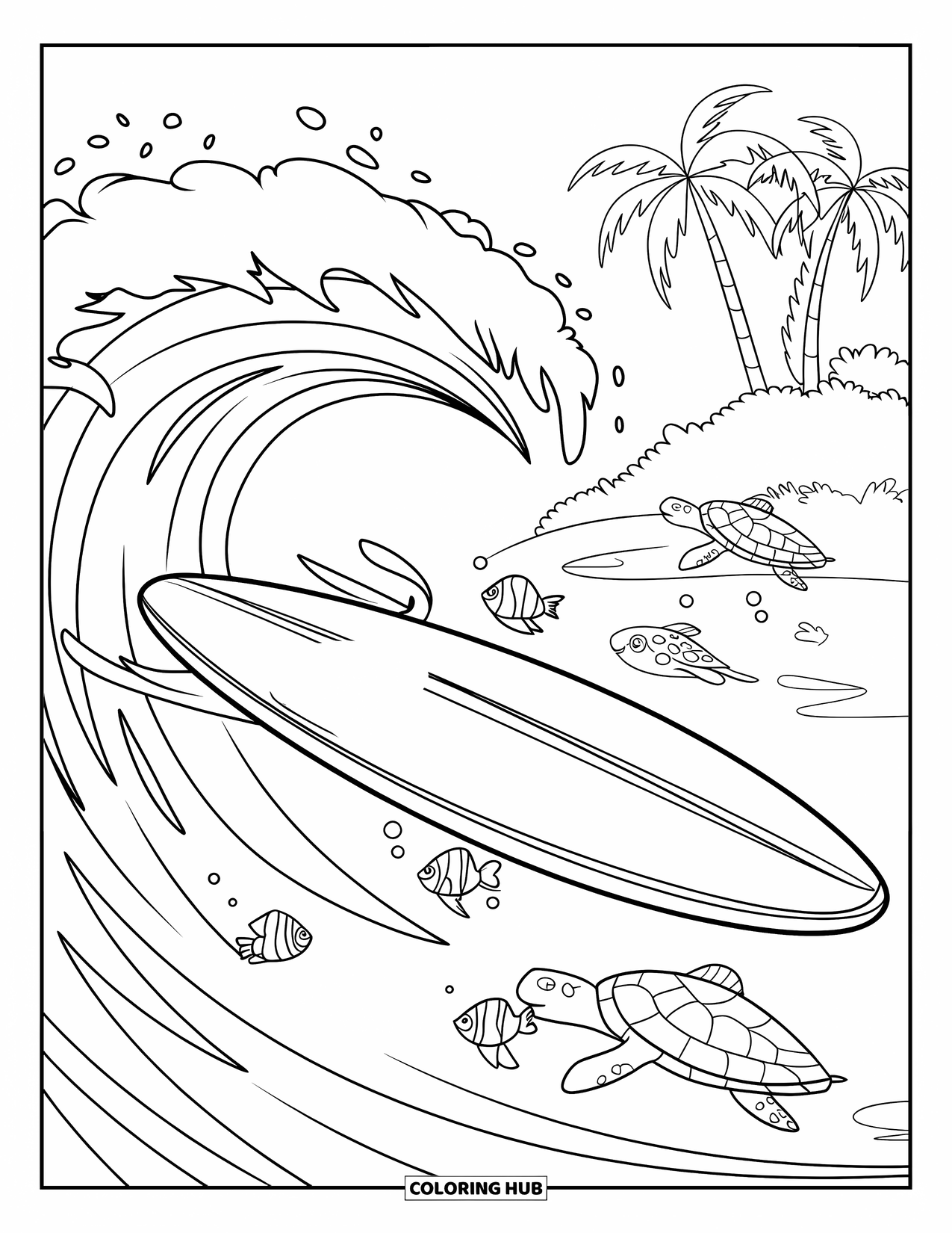 Surfplank Kleurplaat voor Kinderen: Een surfplank drijvend op golven met tropische vissen en schildpadden in de buurt