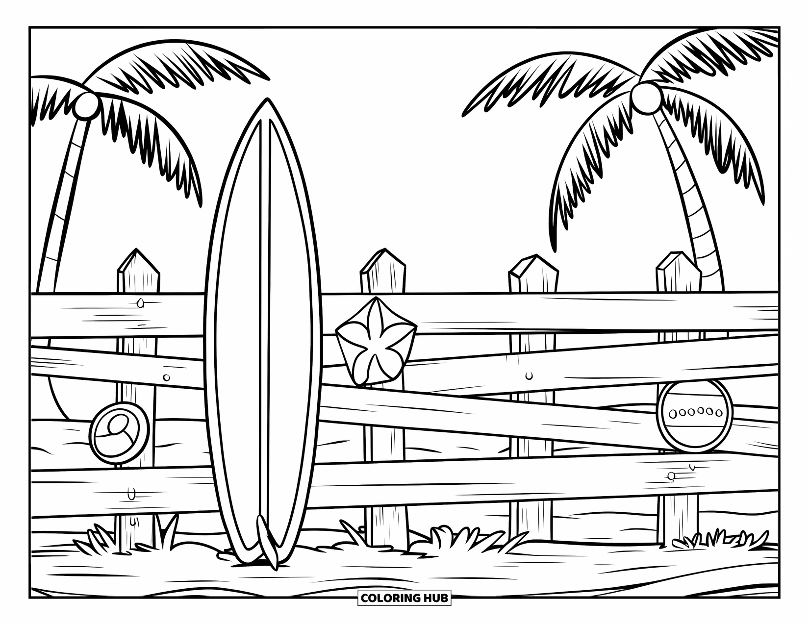 Surfplank Kleurplaat voor Kinderen: Een surfplank leunend tegen een houten hek met strandthema-borden