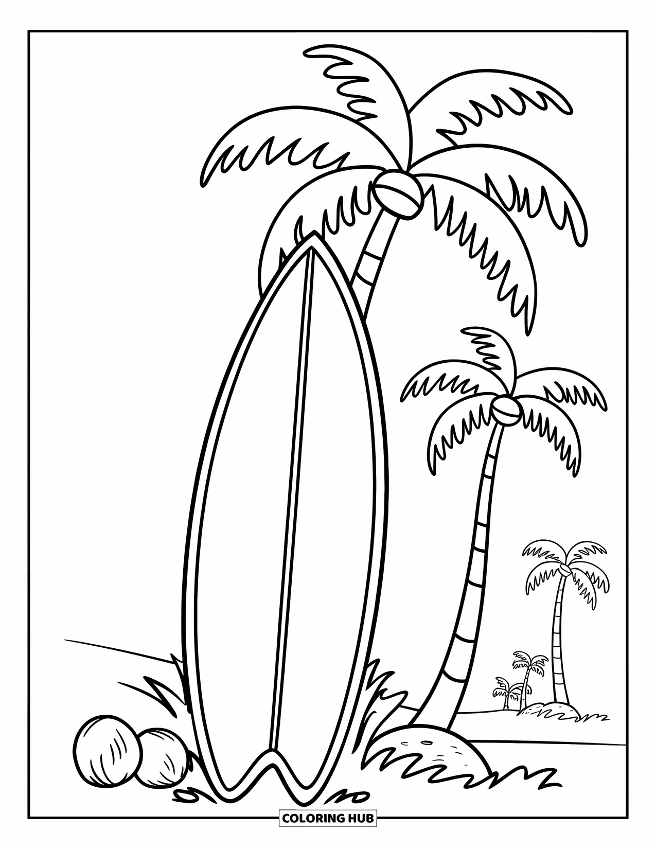 Surfplank Kleurplaat voor Kinderen: Een surfplank leunend tegen een hoge palmboom met kokosnoten in de buurt
