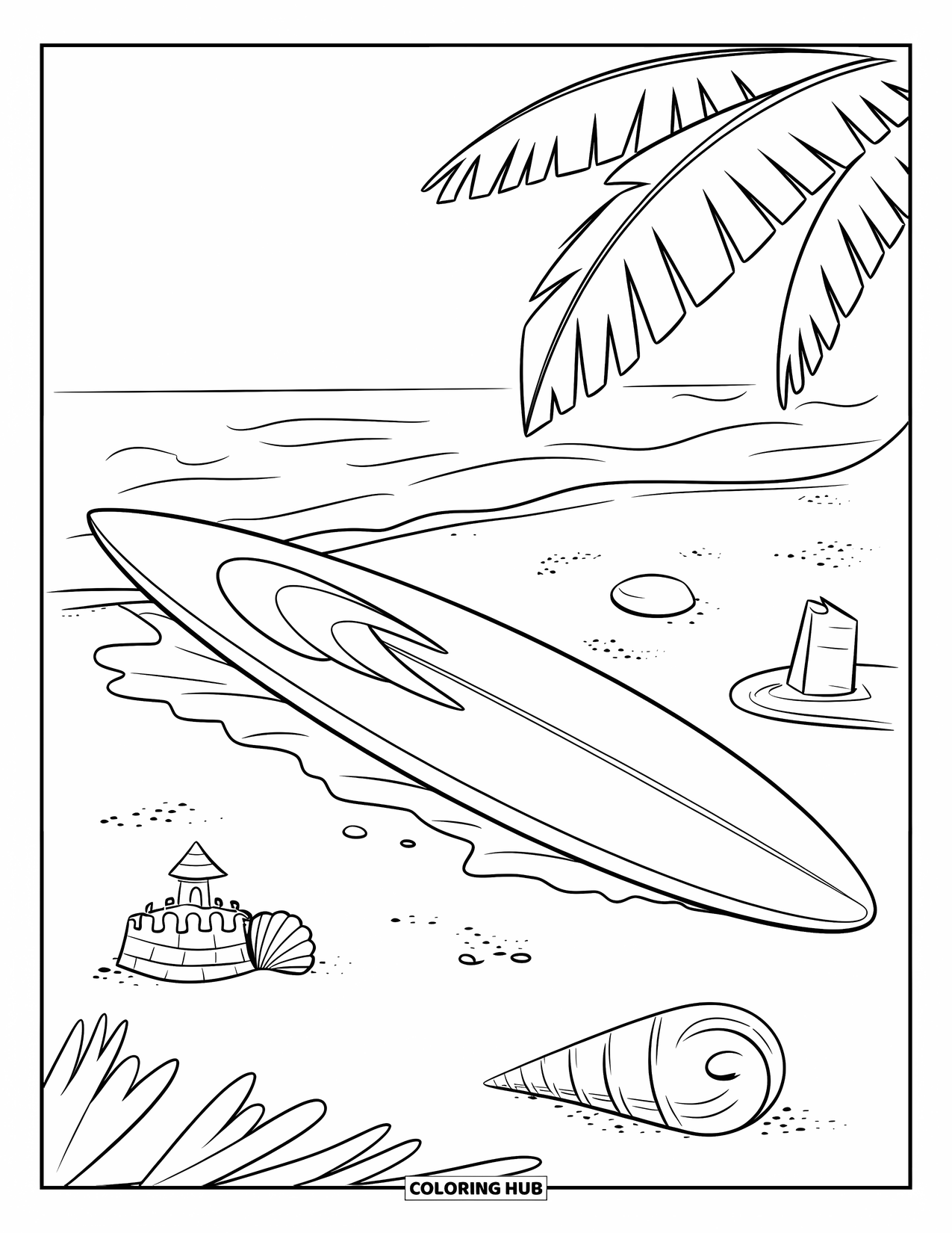 Surfplank Kleurplaat voor Kinderen: Een surfplank liggend naast schelpen en een zandkasteel op het strand