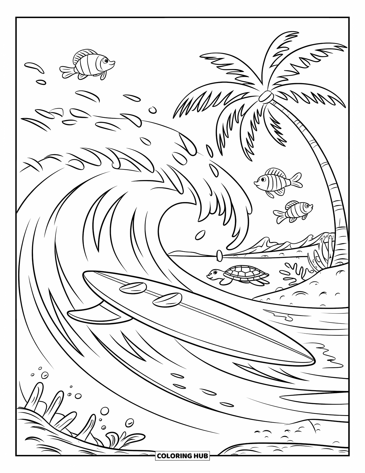 Surfplank Kleurplaat voor Kinderen: Een surfplank op oceaangolven met vissen en schildpadden die rondzwemmen