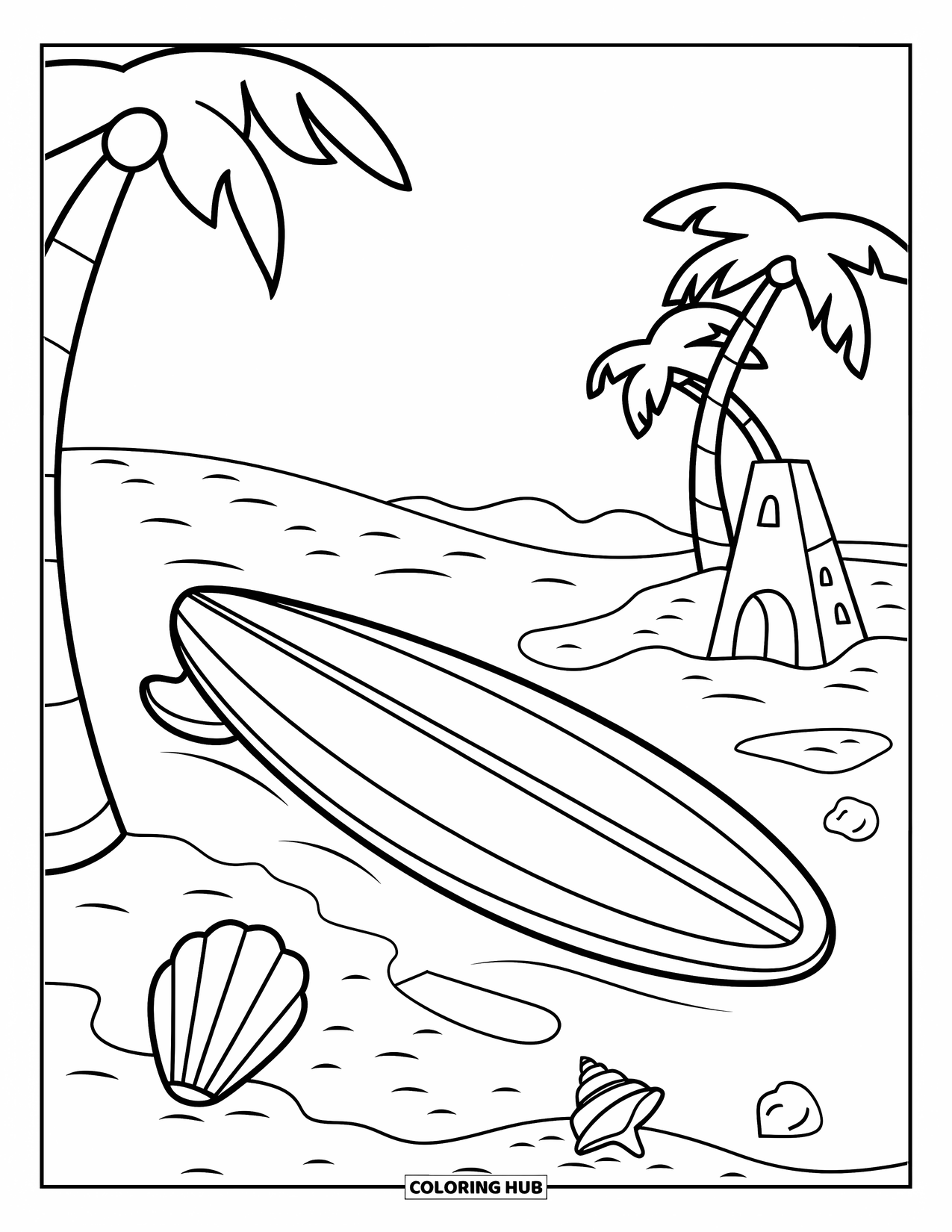 Surfplank Kleurplaat voor Kinderen: Een surfplank op zand met schelpen en een klein zandkasteel in de buurt