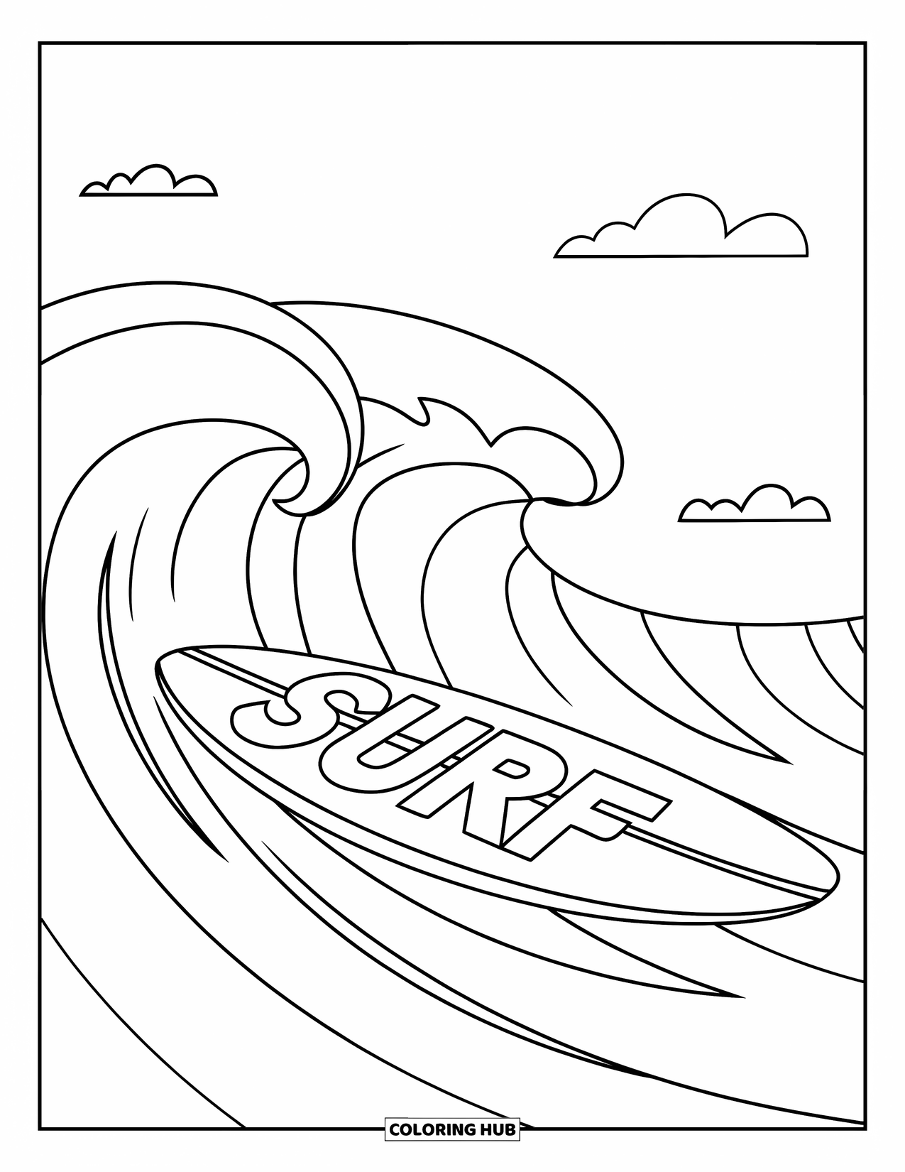 Surfplank Kleurplaat voor Kinderen: Een surfplank op zachte golven met een "SURF"-logo en meeuwen in de buurt