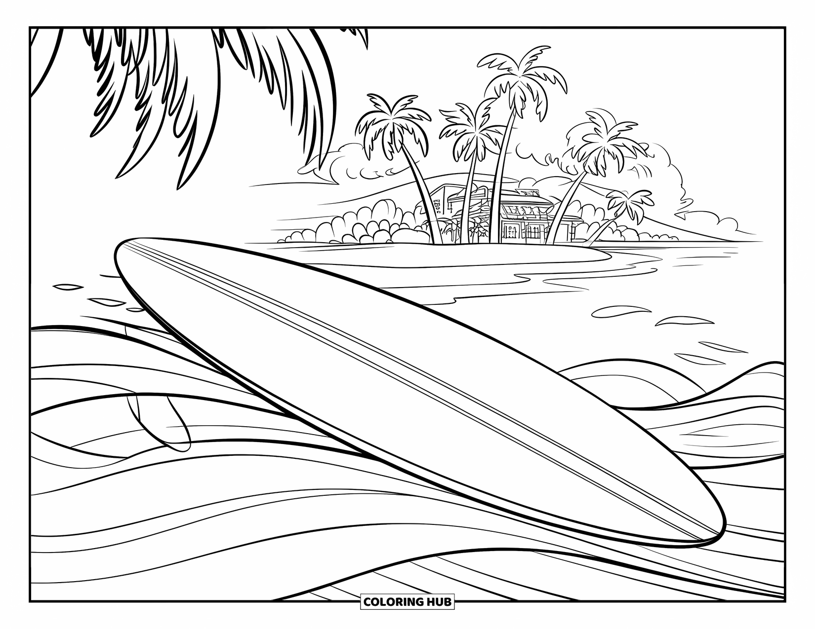 Surfplank Kleurplaat voor Kinderen: Een surfplank op golven met een tropisch eiland op de achtergrond